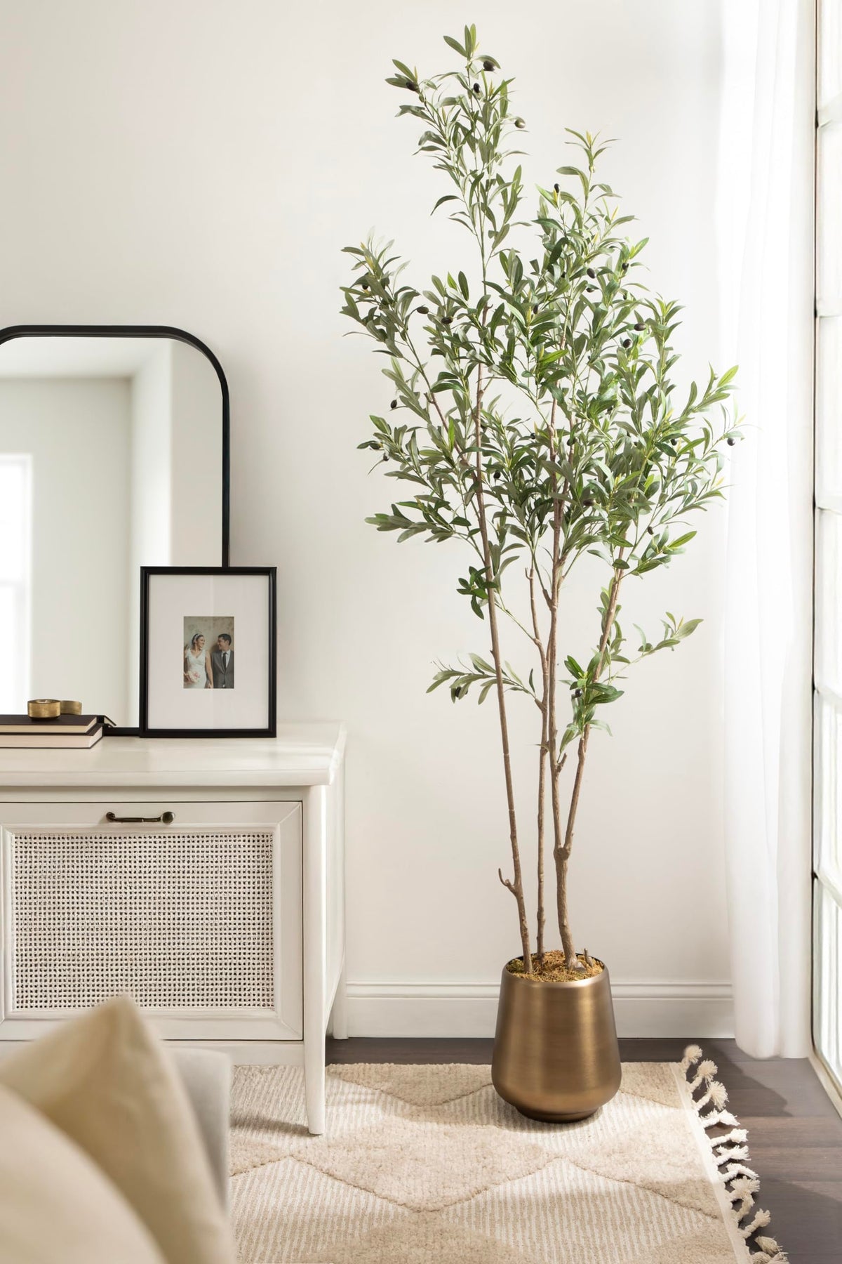 Kate and Laurel Oliveira Faux Olive Tree with Portell Metal Planter Pot, 7 FT, Gold, Potted Artificial Olive Plant Tree with Realistic Foliage and Added Moss, Fake Plant Living Room Decor