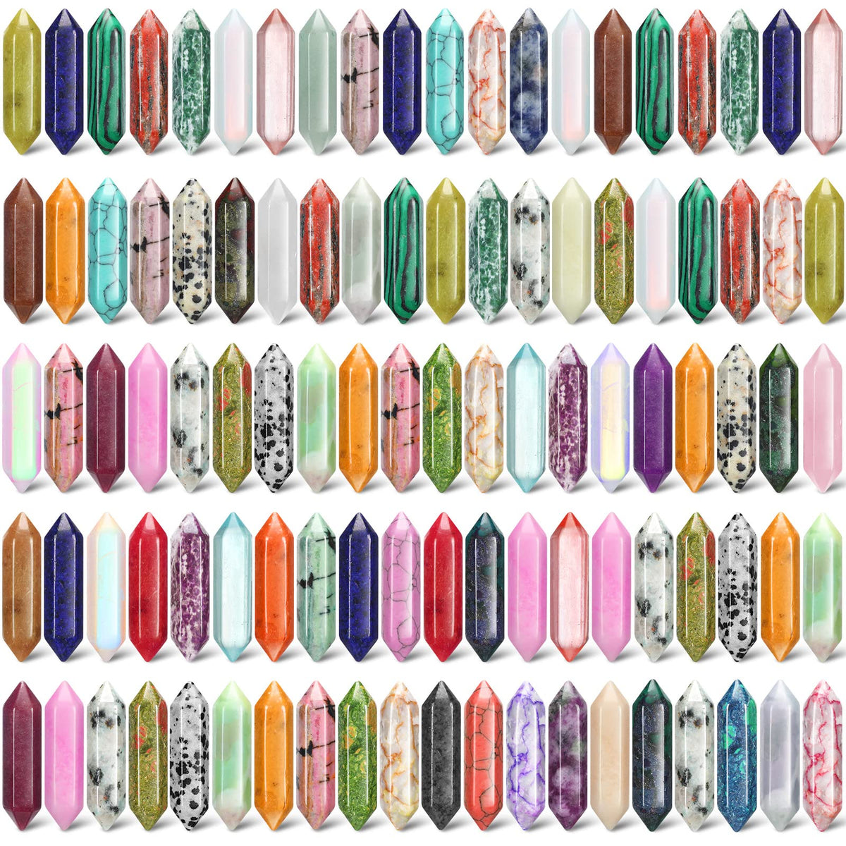 Nuenen 100 Pcs Healing Crystals Stones Sets, Hexagonal Bullet Shaped Wand Stones Bulk Gemstone Amethyst Chakra Crystals for Witchcraft Meditation Divination Mothers Day Gifts Women