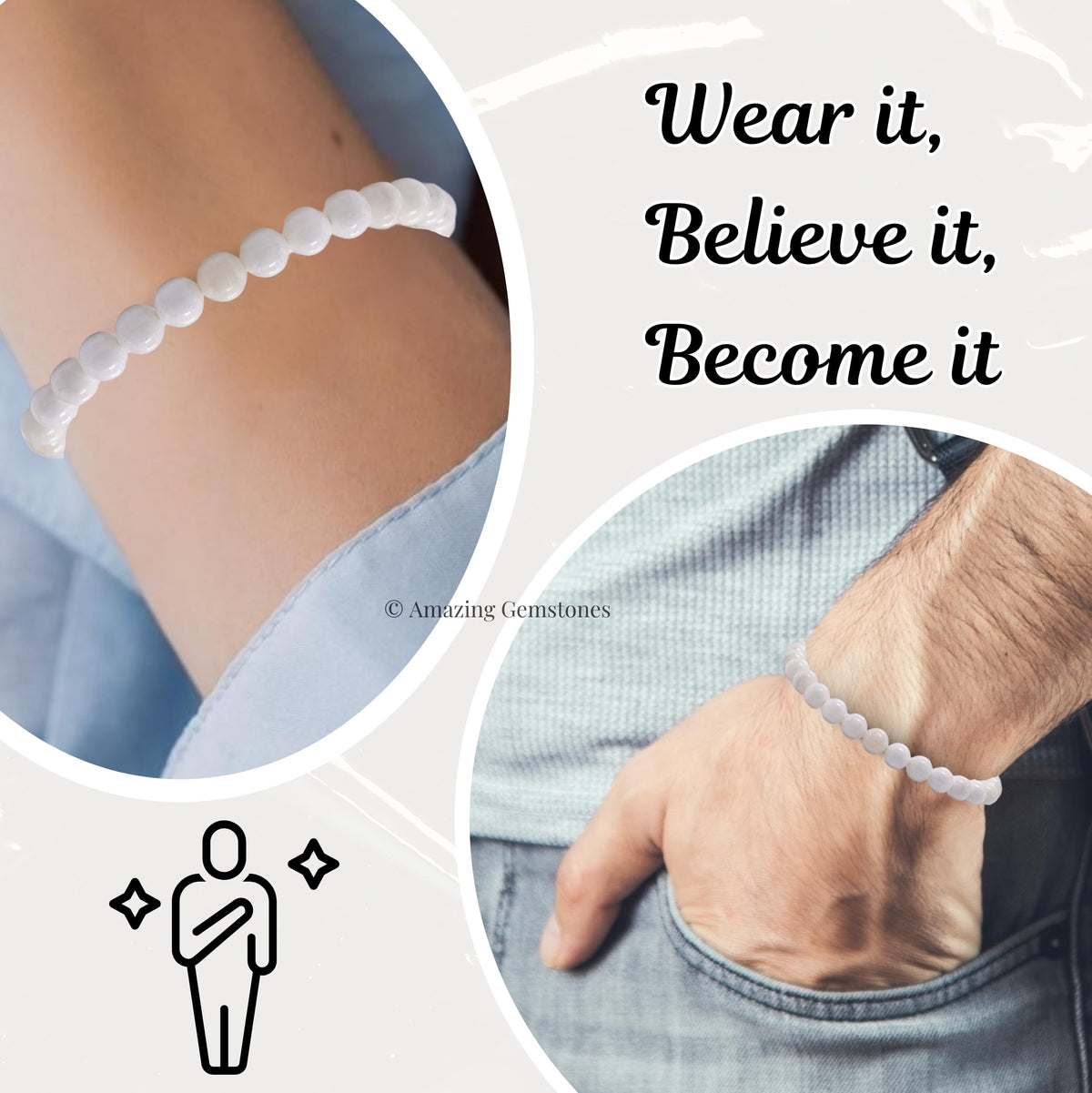 Amazing Gemstone White Moonstone Bracelet for Women Men's Gifts - Protection Healing Crystal Bracelet - 6mm Gemstone Beaded Adjustable Bracelet