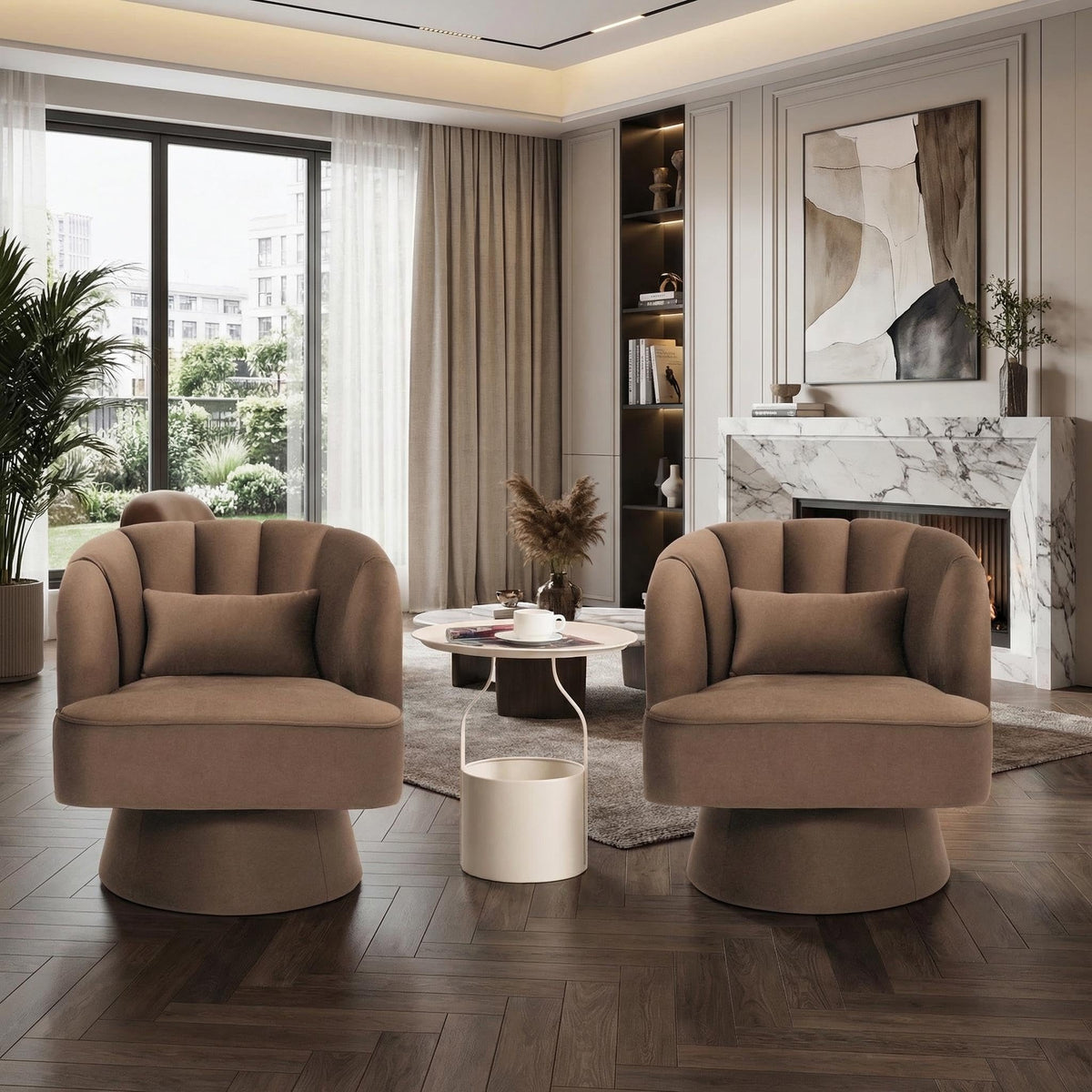 IDEALHOUSE Swivel Accent Chair with Armrests, 360° Mid Century Modern Swivel Barrel Chair, Modern Cozy Velvet Armchair for Living Room, Bedroom, Small Space, Brown