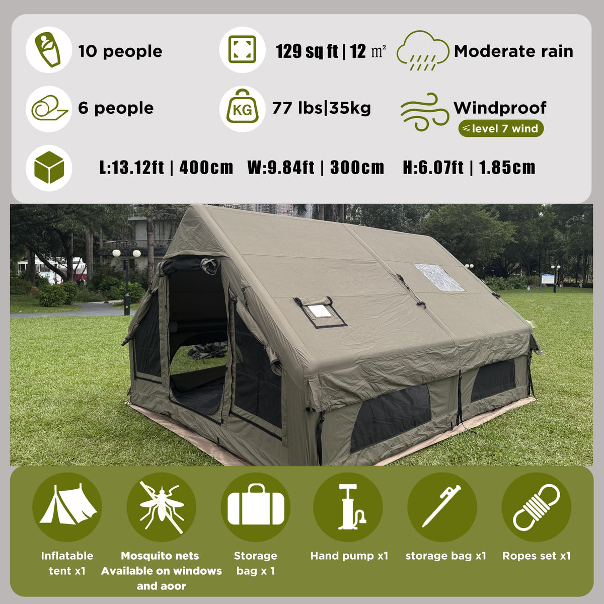 Large Luxury Inflatable Camping Tent, Technology Cotton Canvas Tent for 4-6-8-10-12 People | Breathable and Waterproof Tent with Skylight and Stove Jack, Suitable for Family Camping of 12 ㎡