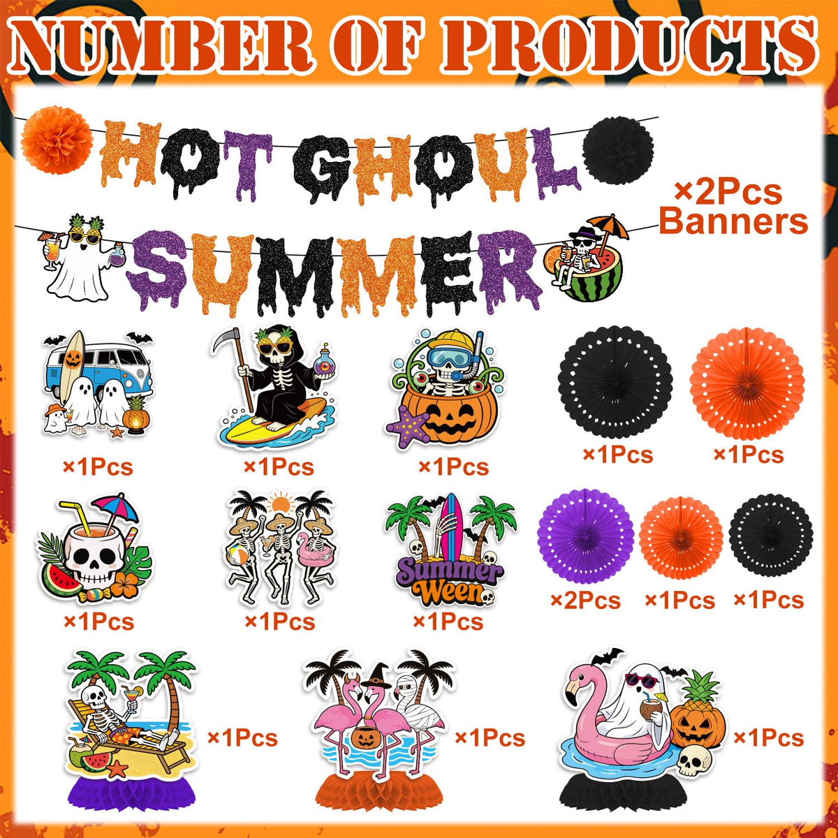 Musaeva Happy Summer Ween Party Decorations, 19PCS Summer Halloween Banners with Hanging Swirls Decorations, Hot Ghoul Paper Fans with Paper Poms Decor for Hallows' Eve Ghost Supplies