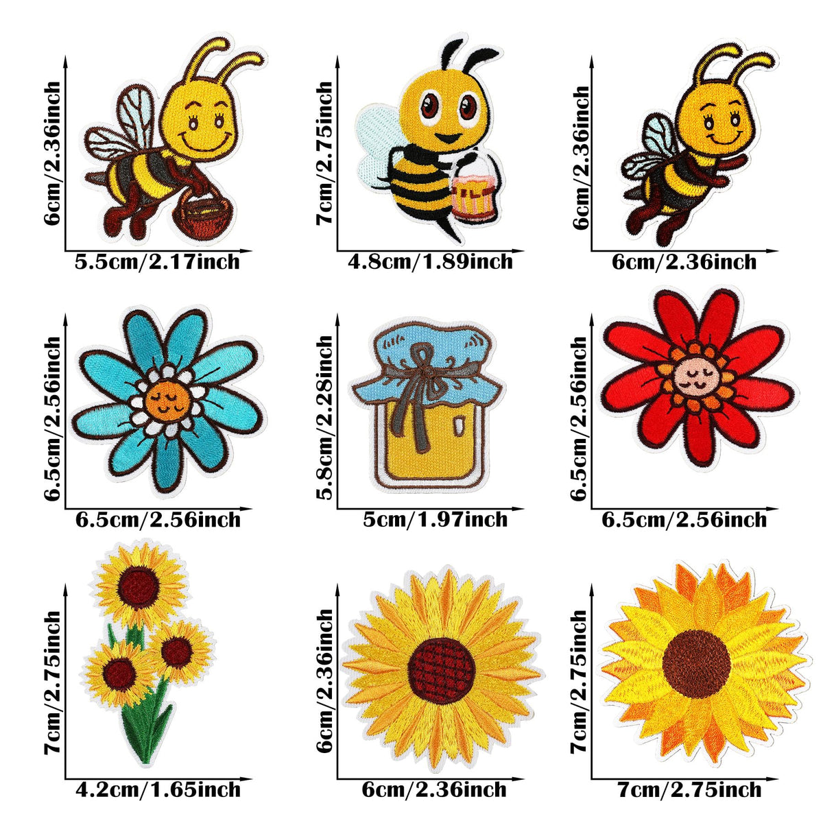 Woohome 18 PCS Patch Embroidered, Honeybee Iron on Applique Sew On Patches Sunflower Embroidered Appliques Sticker Patches for DIY Clothing Jeans Jackets Bags Iron-on Repair Kit