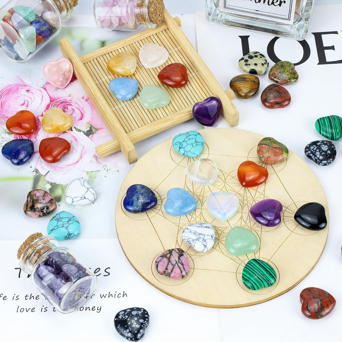 NUKAYAI 20PCS Crystals and Healing Stones Trinkets Healing Crystal Hearts Heart Natural Gemstones Reiki Rose Quartz Amethyst Polished Wholesale Set Balancing Trinket Mothers Day Bulk Gifts for Women