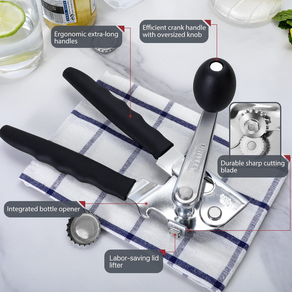 Commercial Can Opener, UHIYEE Hand Crank Can Opener Manual Heavy Duty with Comfortable Extra-long Handles, Oversized Knob, Large Handheld Can Open Easy for Big Cans, Black