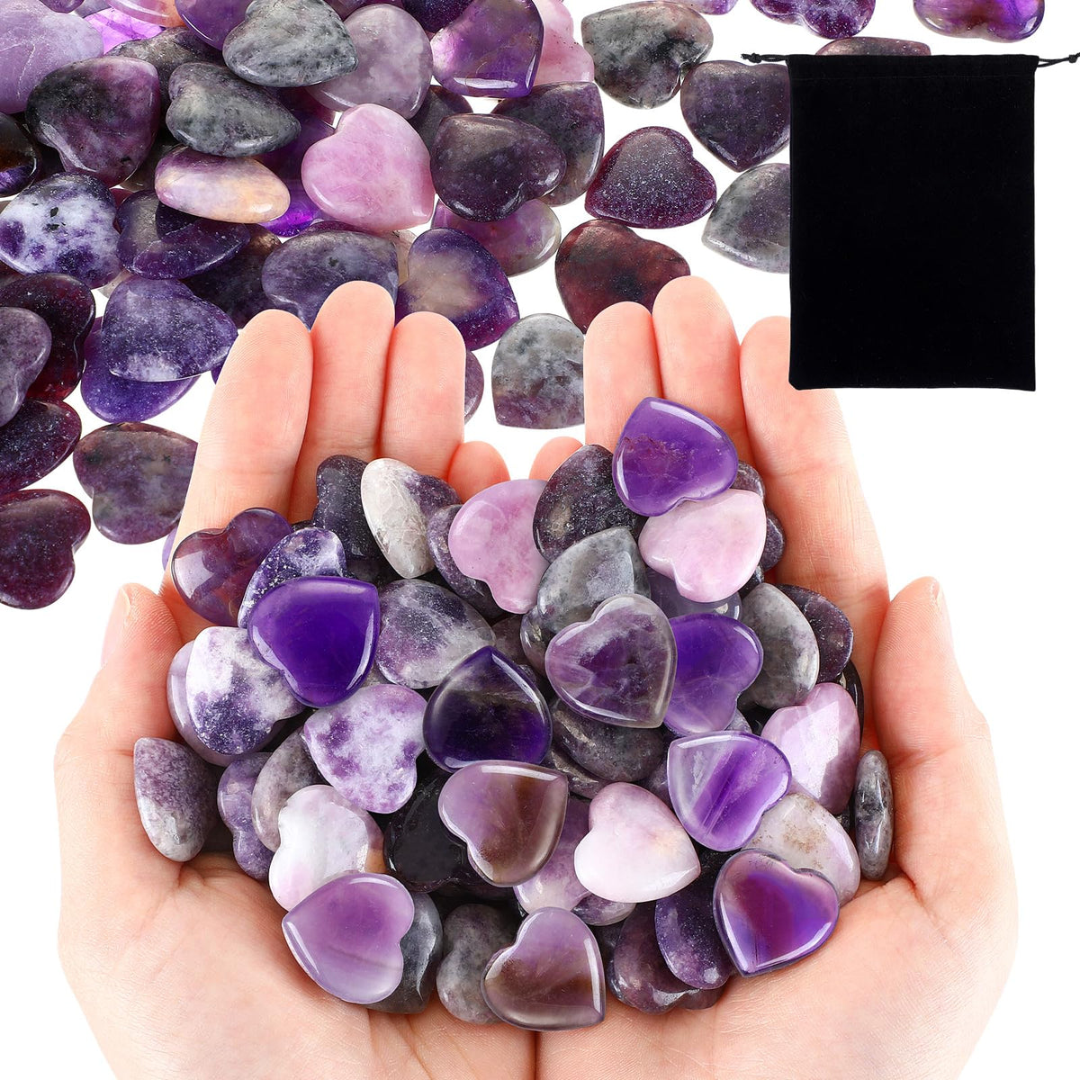 Ecation 120 Pcs Heart Quartz Bulk Crystals Stone Bulk Natural Polished Stone Heart Love Carved Healing Worry Crystal with Flannel Bag for Women Gifts(Amethyst)
