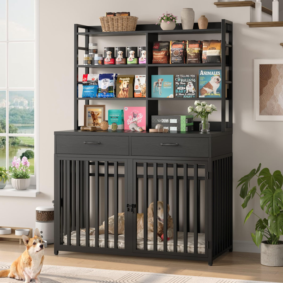 Keyluv 71''H x 47.2''W Large Dog Crate Furniture with 4-Tier Shelves and 2 Storage Drawers, Heavy Duty Dog Cage Furniture with 2 Doors, Wood & Metal Dog Kennel Indoor for Small/Medium/Large Dog, Black
