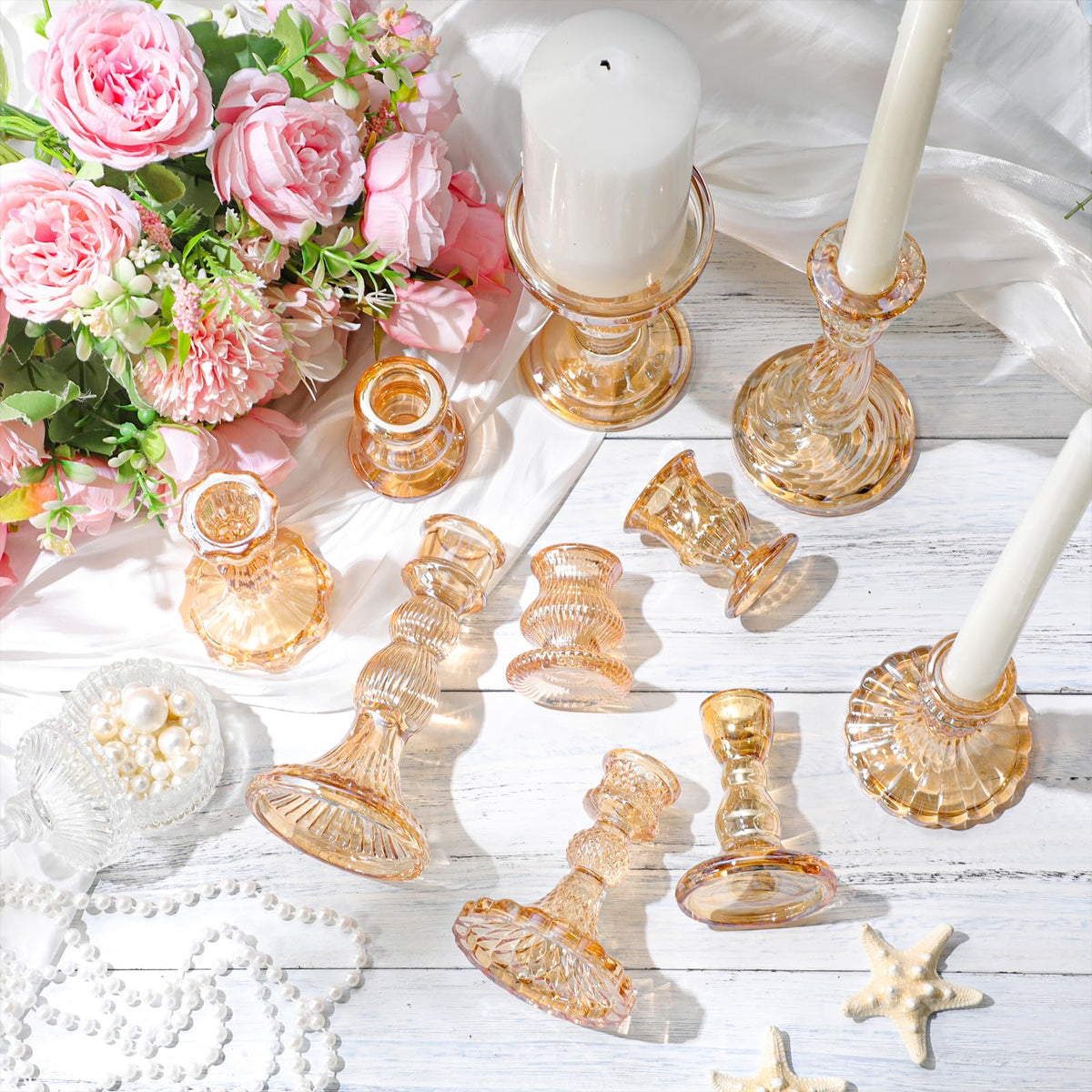 Mumufy 10 Pcs Glass Crystal Taper Candle Holders Clear Glass Candlestick Holder Fit 0.8 Inch Candles Crystal Decorative Candle Stand Centerpiece Table Wedding Dining Party (Classic,Gold)