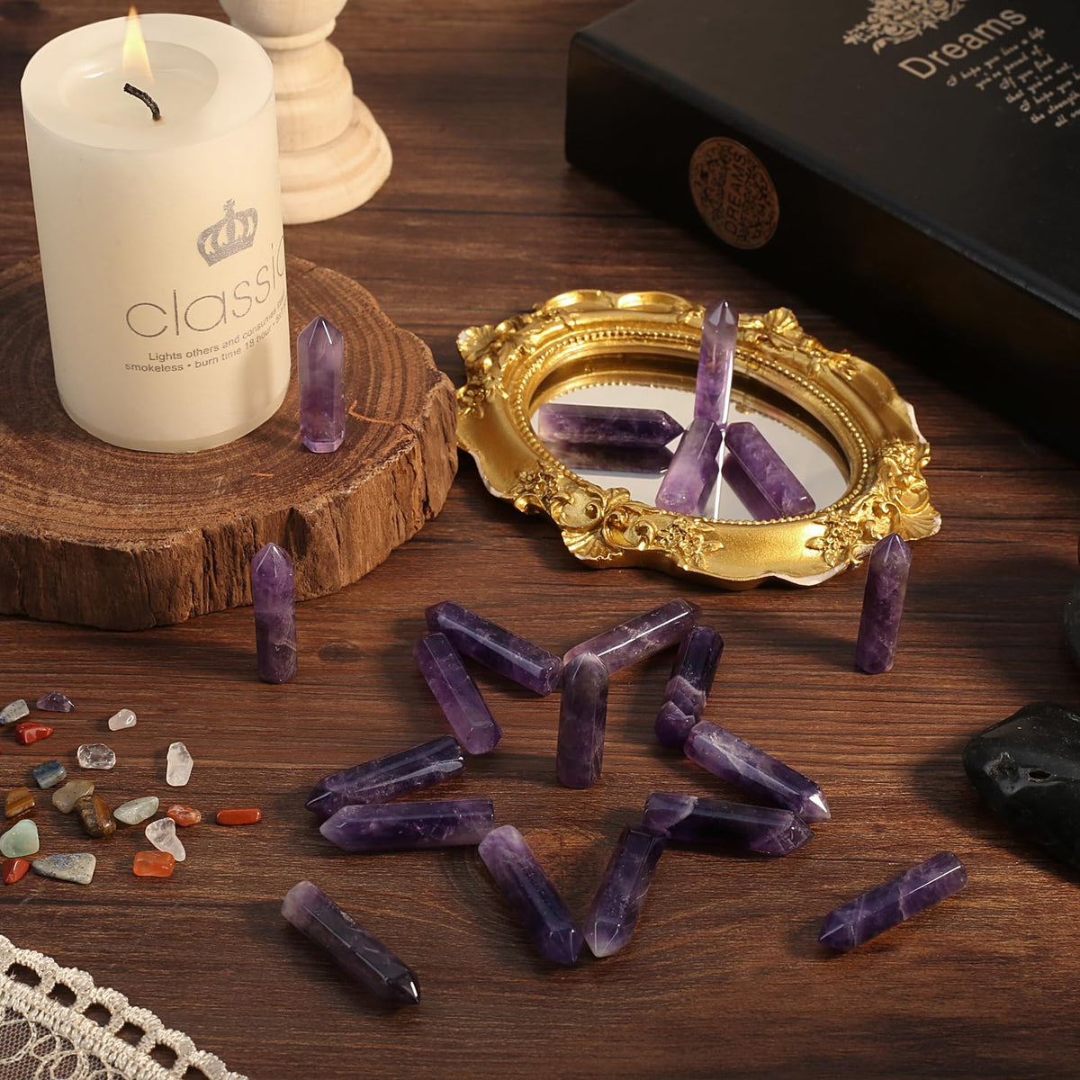 QINJIEJIE Amethyst 20 PCS Healing Crystals Stones Sets Wands Bulk Natural Pocket Purple Crystal Towers Assorted Pointed Reiki Gemstones Polished Energy Meditation Chakra Gifts for Women Men