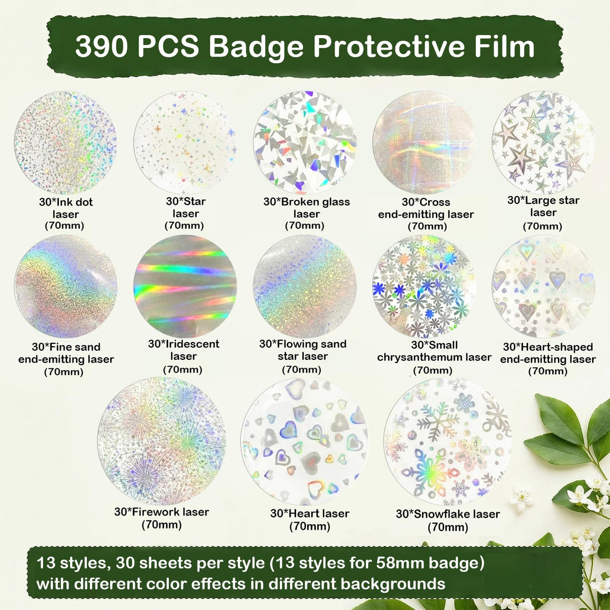 Quuztao 390PCS Button Making Supplies for Badge(2.76 in), 13 Styles of Holographic Glitter Film for 2.25 in Pin Maker Supplies