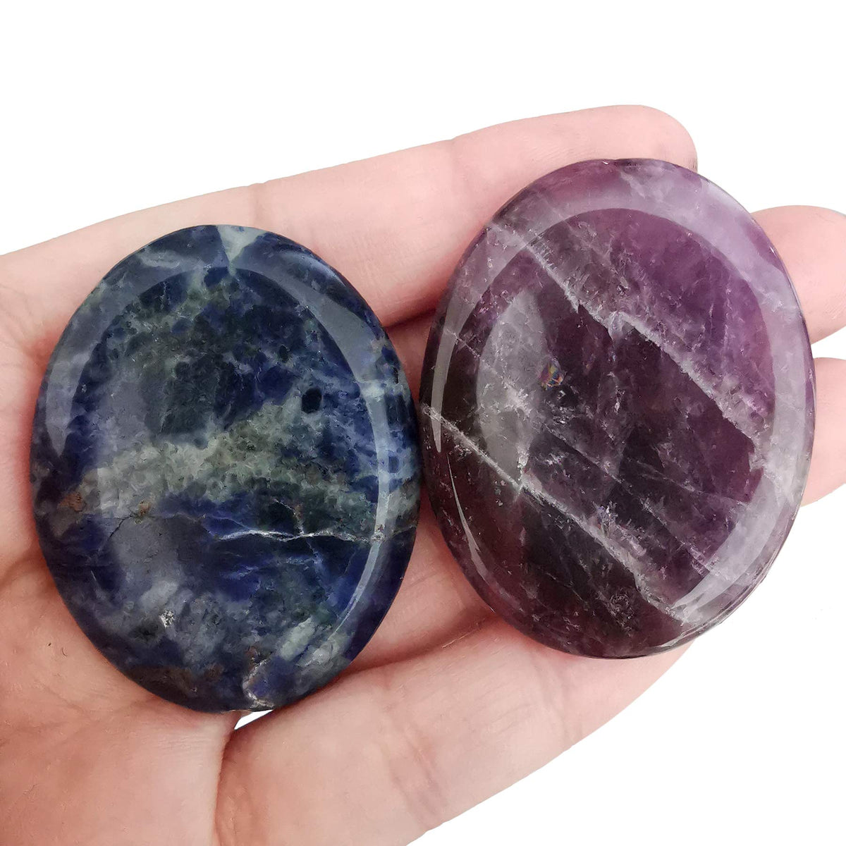 Loveliome Sodalite and Amethyst Thumb Worry Stone, Stress Relax Healing Reiki Crystal Pocket Palm Stones,Pack of 2