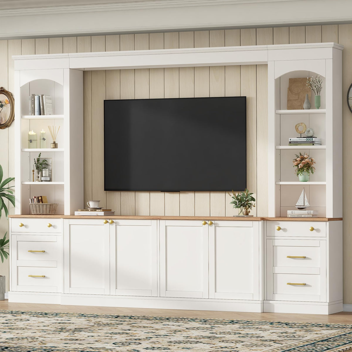 Merax Farmhouse 106-Inch Arched Entertainment Wall Unit Set with Adjustable Shelves, TV Stand for Televisions Up to 70'', Mid-Century Large Media Console with Drawers for Living Room, White