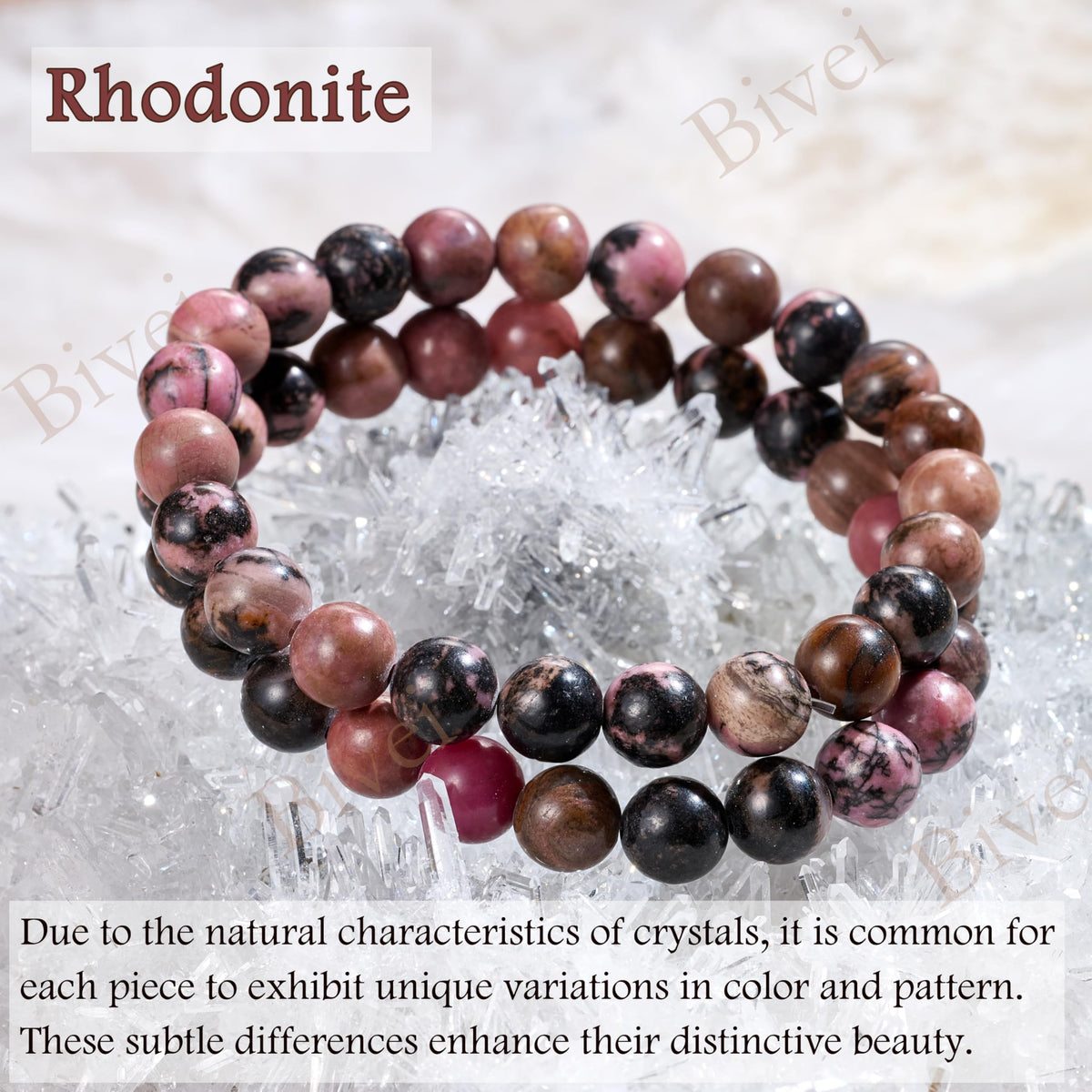 Bivei Rhodonite - Compassion - 8mm Beaded Bracelets for Women Handmade Semi Precious Natural Stone Stretch Elastic Jewelry Yoga Protection Gifts