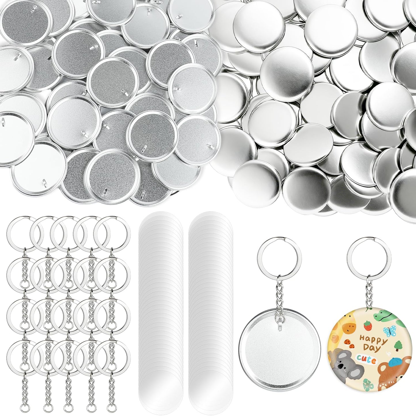 100 Pcs 58mm/2.25 Inch Button Maker Keychain Supplies, Round Metal Keychain Making Set for Button Maker Machine, Blank Button Badges Including Metal Shell Cover, Plastic Film, Chain and Ring for DIY