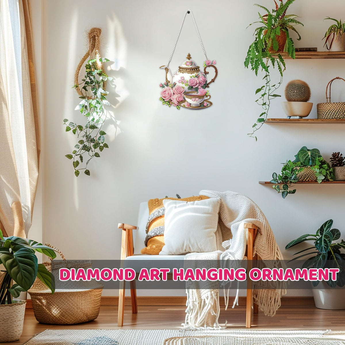 MEIYUDA Teapot Diamond Art Hanging Kits for Adult, Flowers Teapot Diamond Painting Hanging Kits Ornaments, DIY Special Shaped Rhinestone Window Pendants Kit for Home Garden Wall Decor Gift
