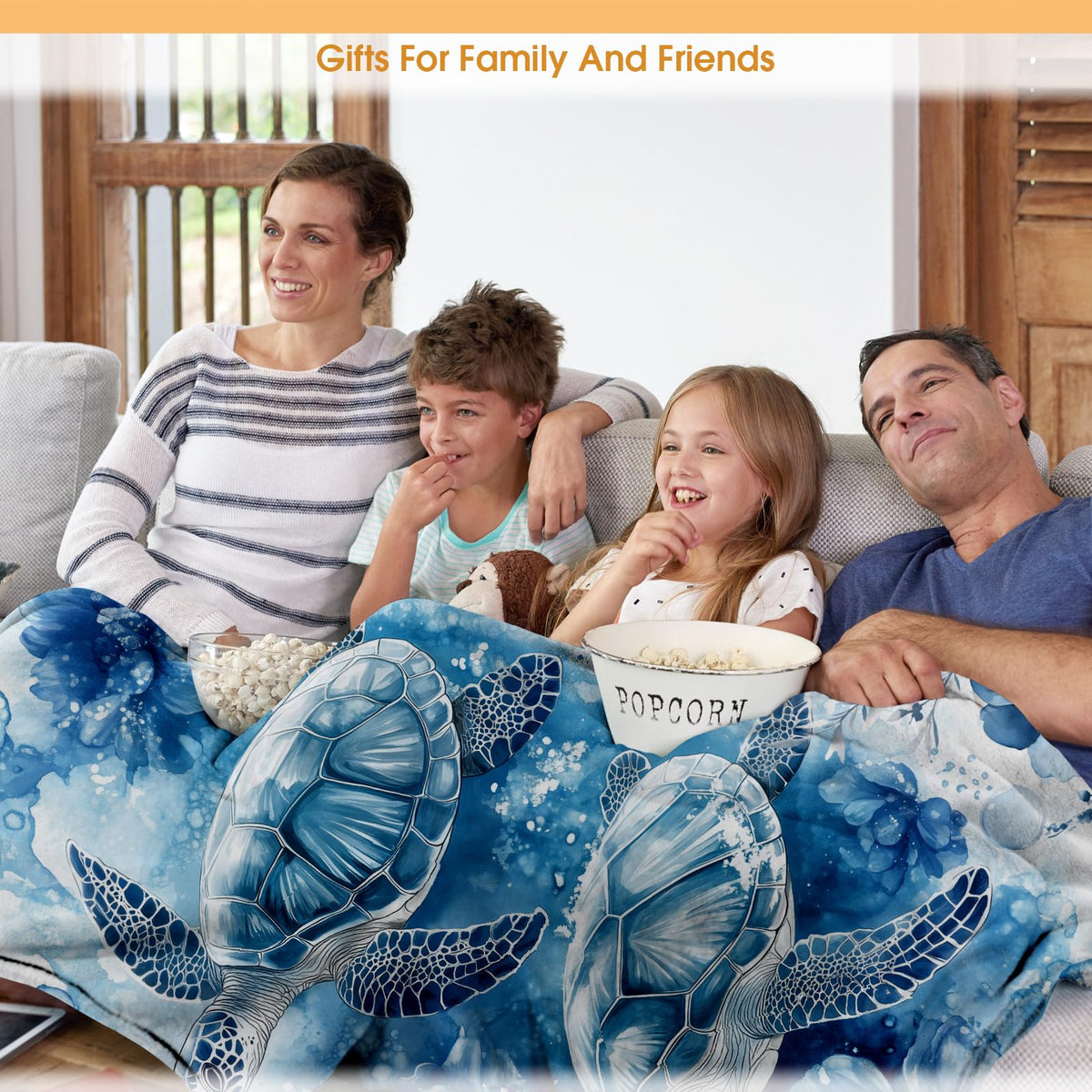 Hohoto Sea Turtle Floral Blanket Blue Flowers Ocean Gifts for Women Kids Girls Birthday Christmas Halloween Mother's Day Mom Wife Sisters Female Friends Presents Colorful Throw 60"x80"