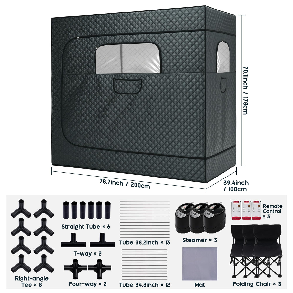 Albott 3 Person Steam Sauna for Home, Portable Sauna Tent with 3L 1500W Steamer, Extra Large Size 6.6’ x 3.3’ x 5.8’ Full Body Home Spa, Remote Control, Folding Chair, Grey