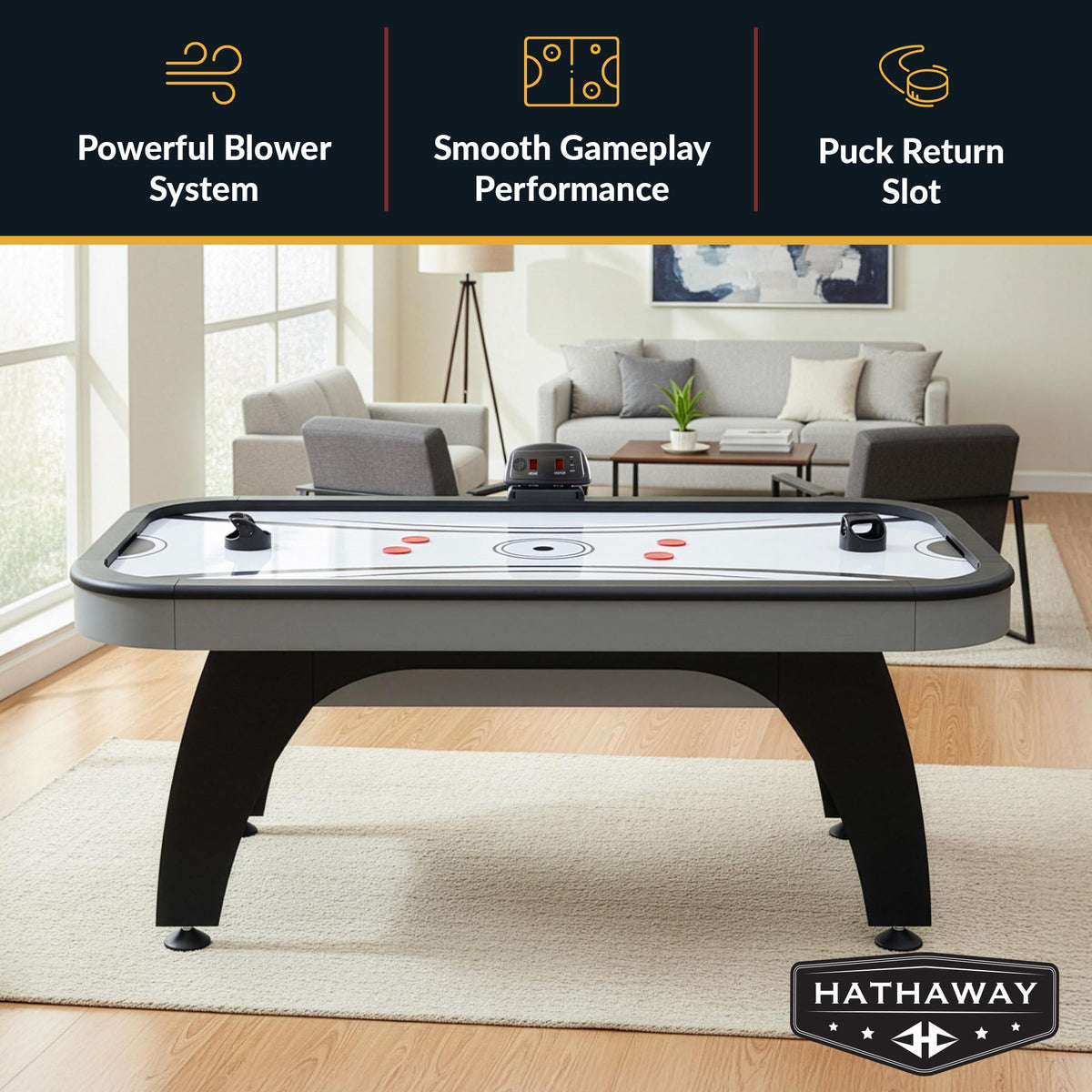 Hathaway Silverstreak 6 Ft Air Hockey Table for Home Game Room - With LED Scoring, High-Output Blower, Scratch-Resistant Surface, Strikers & Pucks - Black Finish