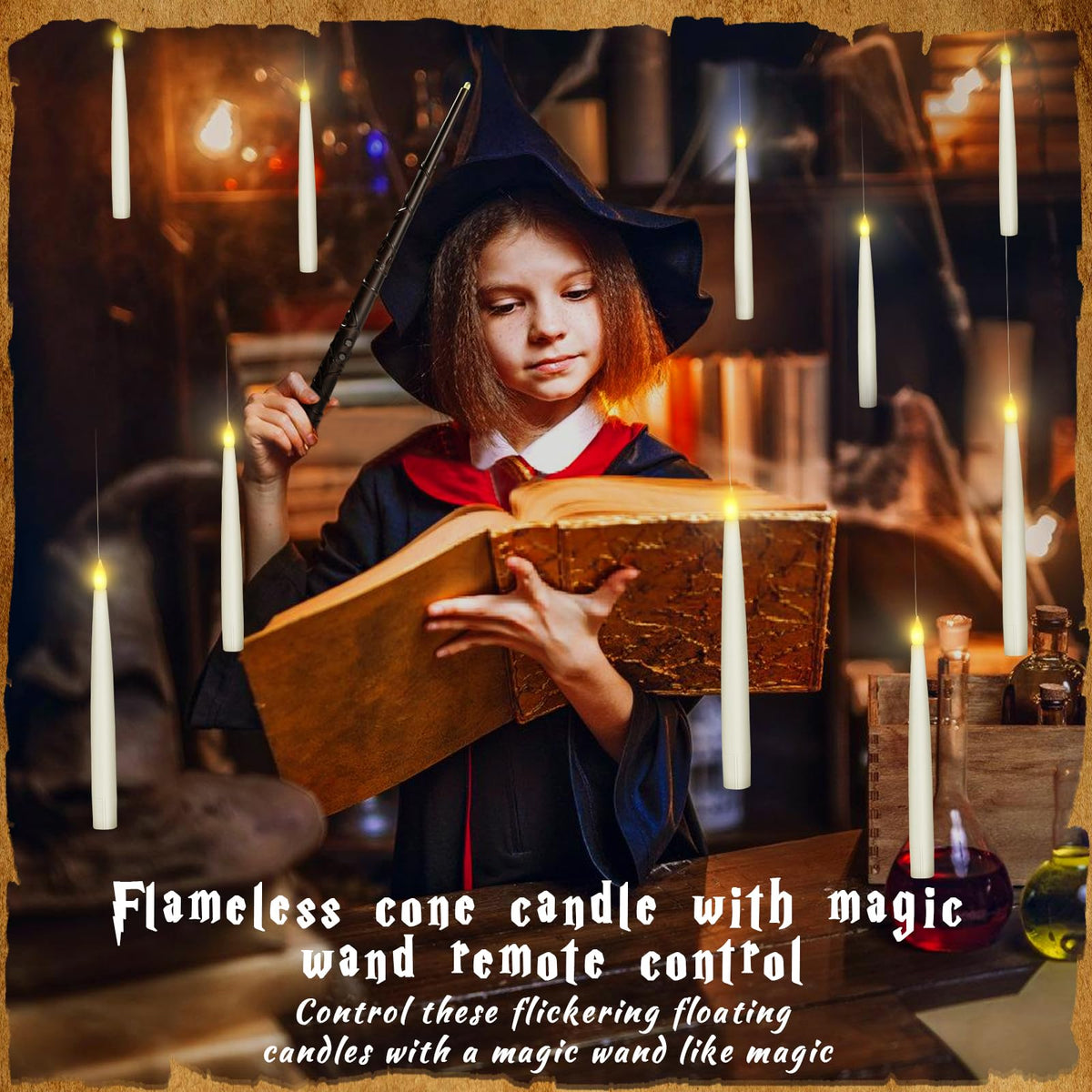 Boribim 20PCS Floating Candles with Wand, Magic Hanging Candles, Flickering Warm Light LED Taper Flameless Candles with Wand Remote, Battery Operated Window Candle for Halloween Decorations Best Gift