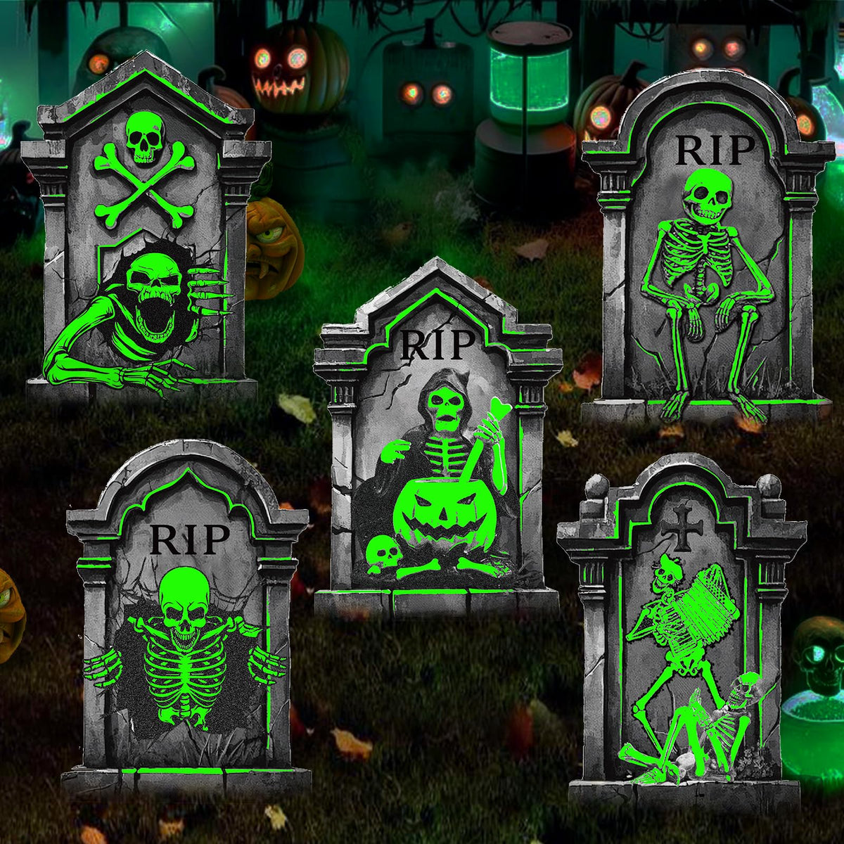 25.2in Halloween Tombstones Outdoor Decor Glow in The Dark - 5PCS Tombstones for Graves Halloween Gravestones Decorations, Spooky Halloweens Decorations Yard Signs for Graveyard Haunted House