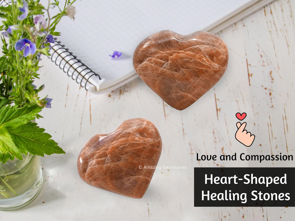 Peach Moonstone Crystal Heart Palm Stone - Pocket Massage Worry Stone for Natural Body Chakra Balancing, Reiki Healing and Crystal Grid
