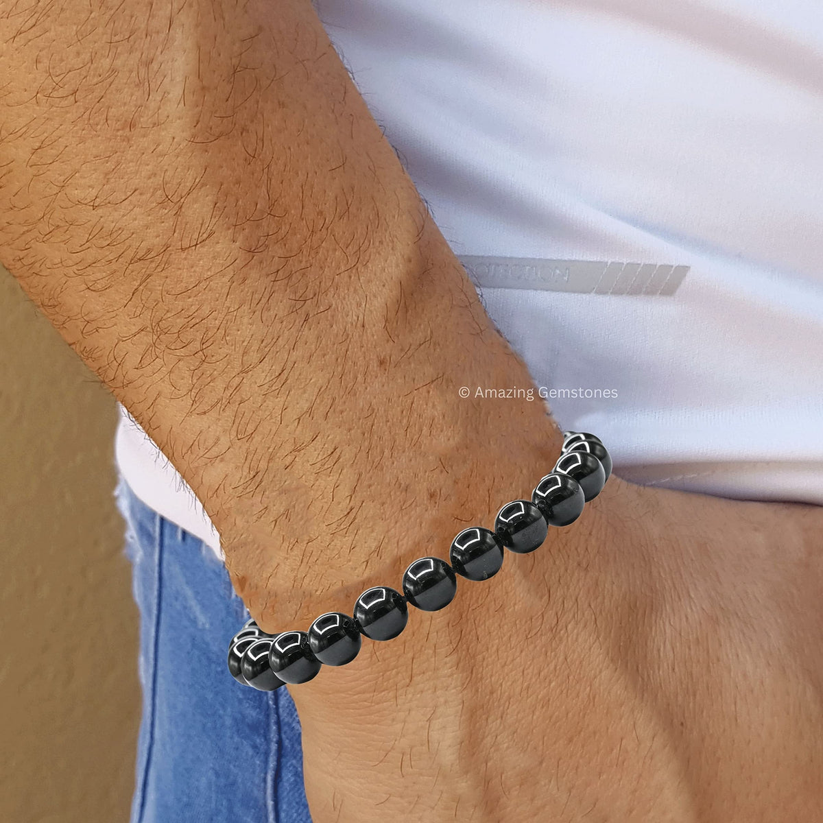 Amazing Gemstone Black Tourmaline Bracelet - Protection Healing Crystal Bracelet - 8mm Gemstone Beaded Adjustable Bracelet Pulseras Para Hombres Mujer Stocking Stuffers (Black Tourmaline Onyx)