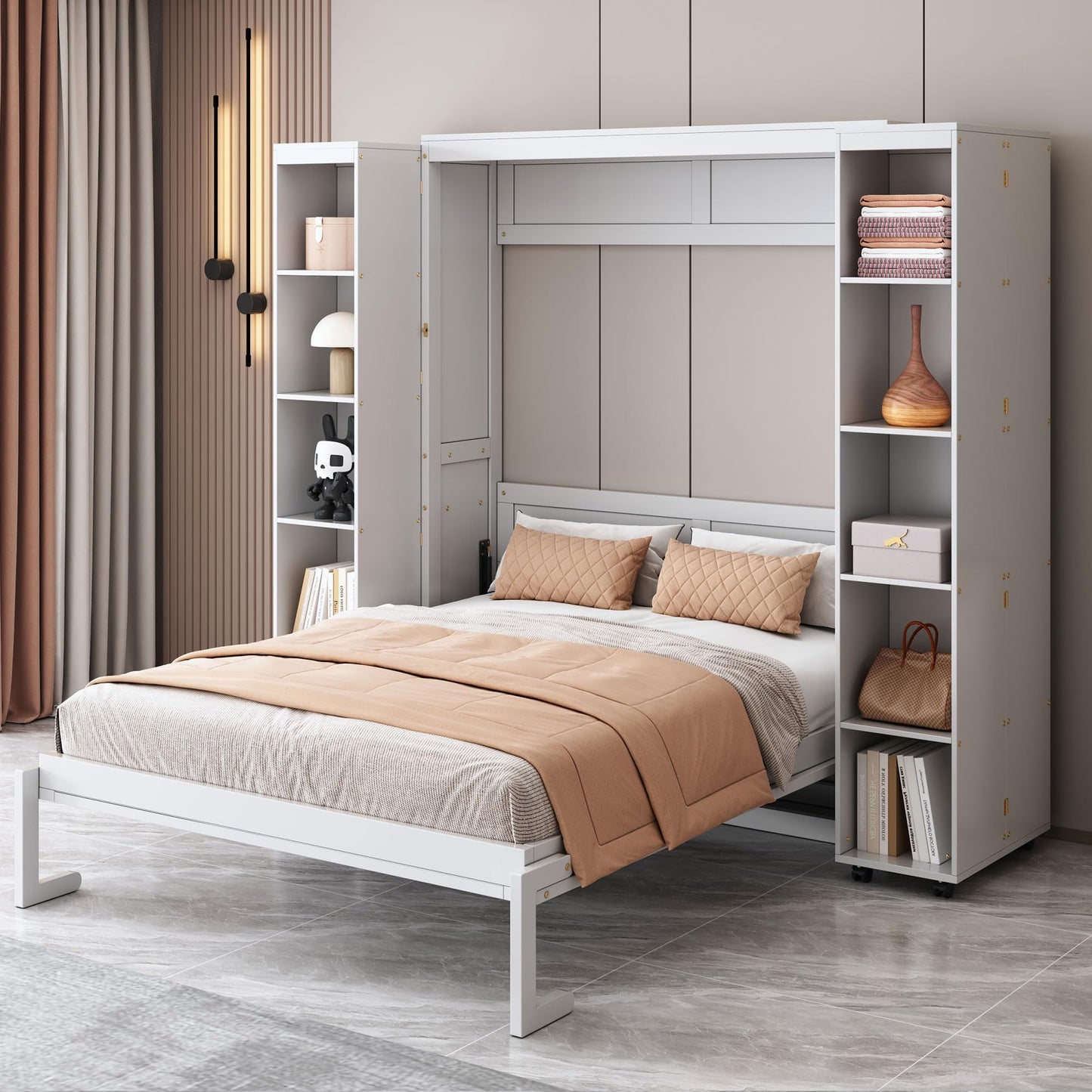 Merax Queen Size Murphy Bed with with 5-Tier Storage Shelves, Wooden Wall Bed Cabinet with Storage Doors, Foldable Platform Bedframe with Hydraulic Lift System for Guest Room and Bedroom