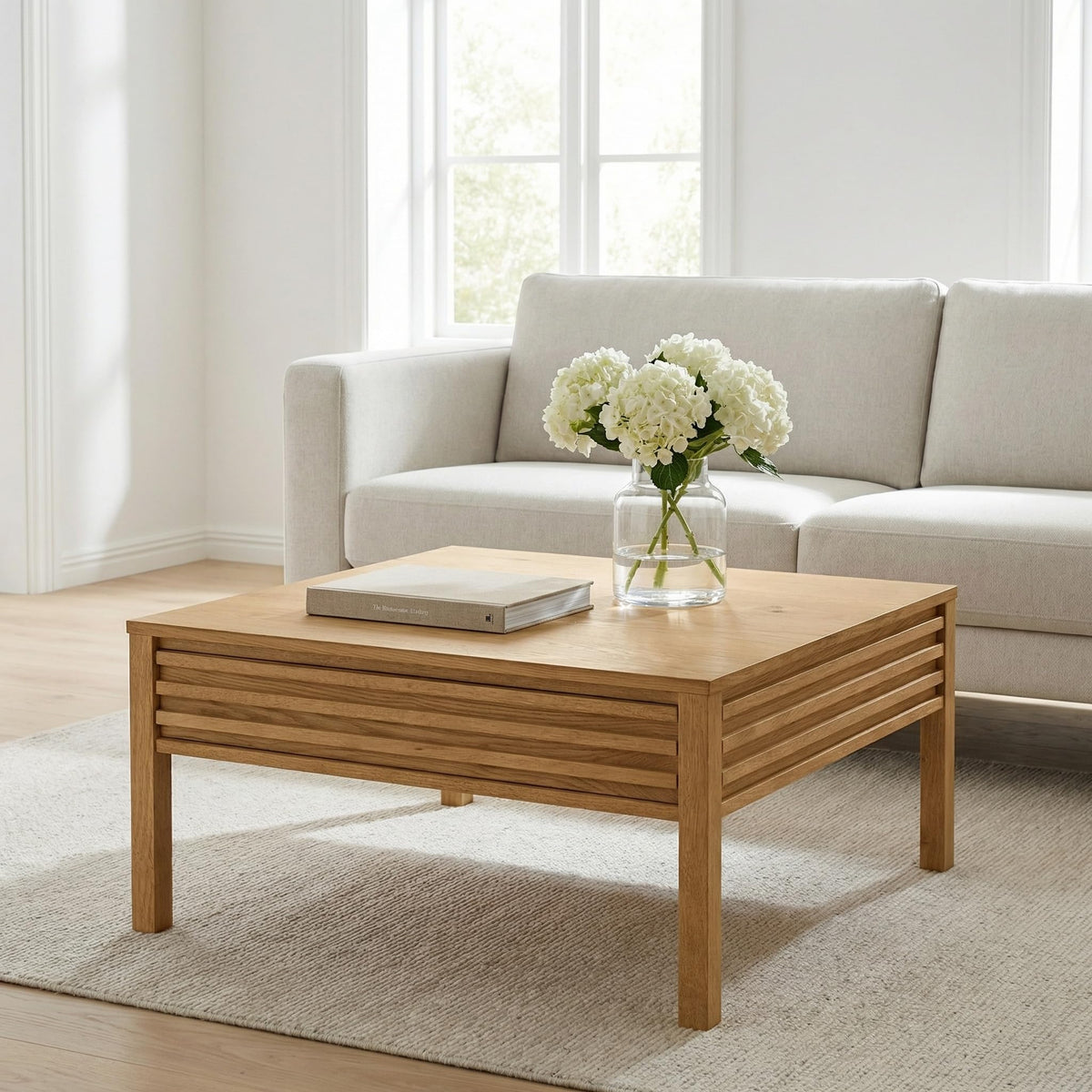 Martin Svensson Home Julian Genuine Oak Wood Coffee Table, 32 Inch Square, Mid Century Modern Cocktail Table for Living Room, Dual Drawers, Slatted Sides, Leveling Feet, Light Oak Natural