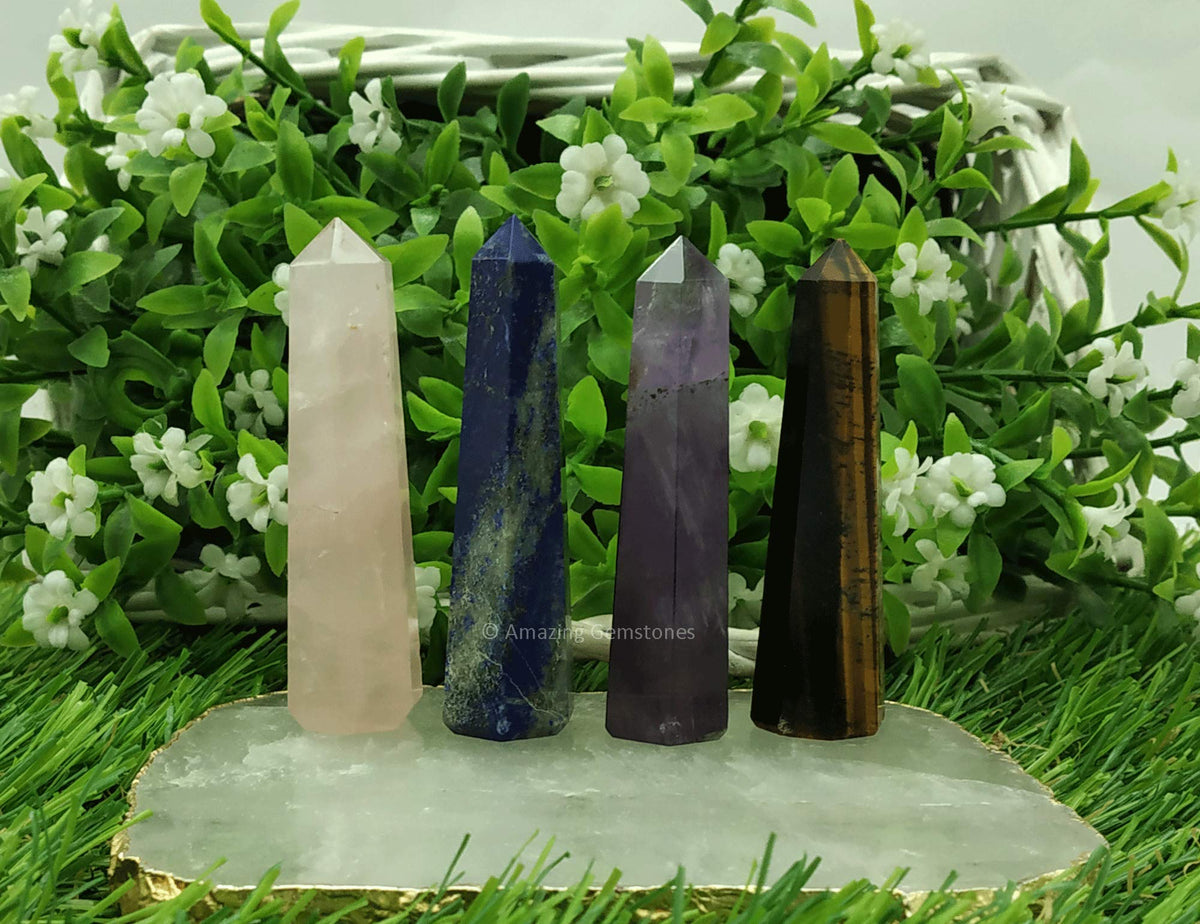 Amazing Gemstone Set of 4 Lapis Lazuli, Tiger Eye, Amethyst, Rose Quartz Crystal Towers - Natural Healing Crystal Point Obelisk for Reiki Healing and Crystal Grid (2 Inch to 3 Inch)