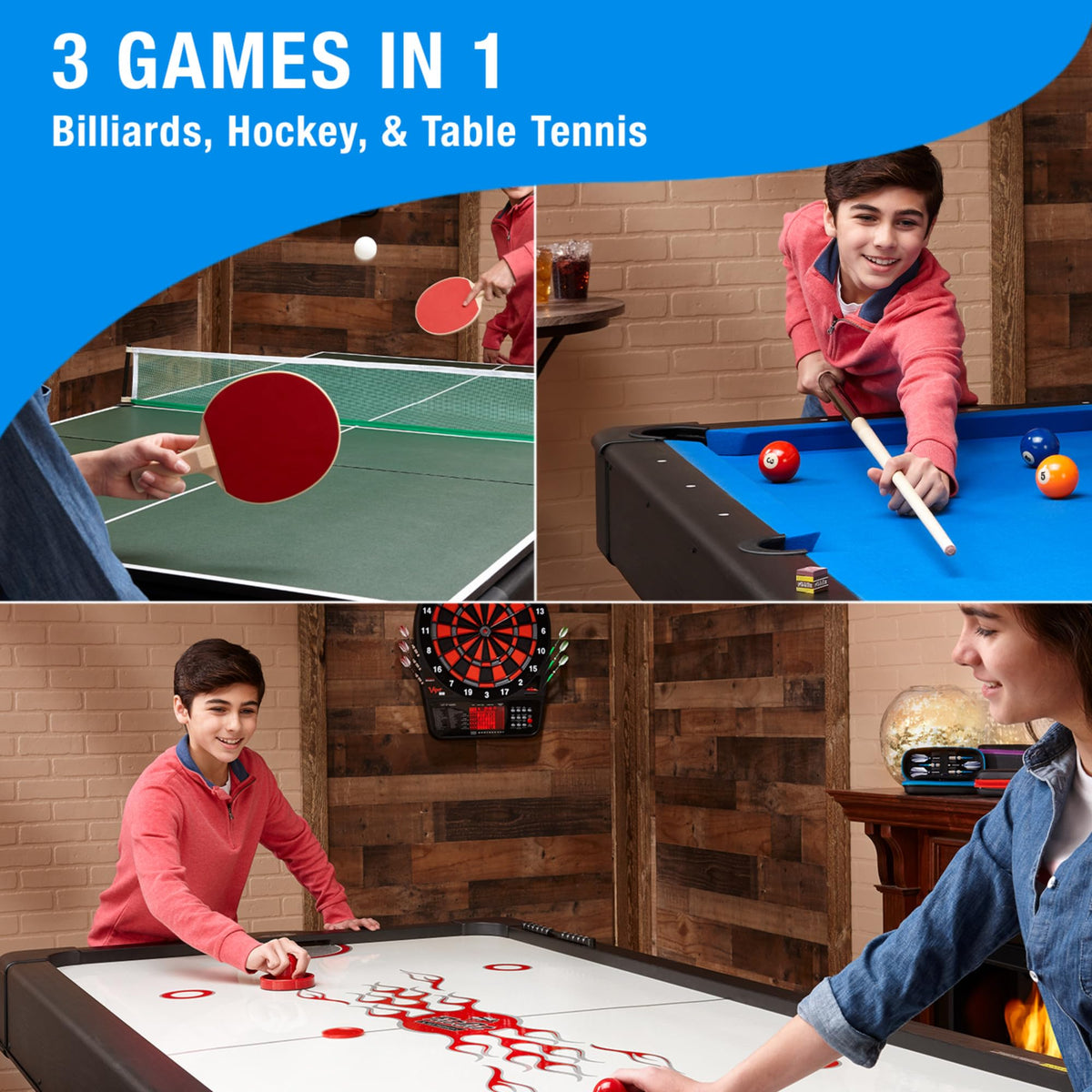 Fat Cat Original 3-in-1 Green 7' Pockey Multi-Game Table - Air Hockey, Billiards and Table Tennis - Blue