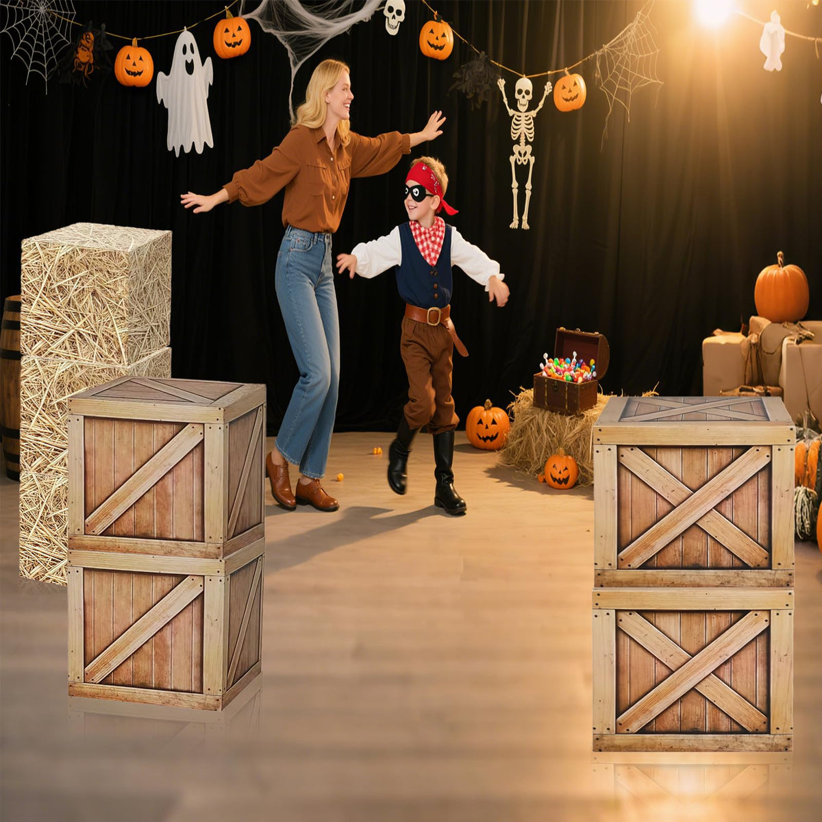 Zeivvnef 7 Pcs Hay Bales Cardboard Boxes Set Western Cowboy Party Decorations - Pirate Party Decorations, Western Wooden Grain Boxes, Fake Hay Photo Booth Props Straw Boxes for Fall Harvest Halloween