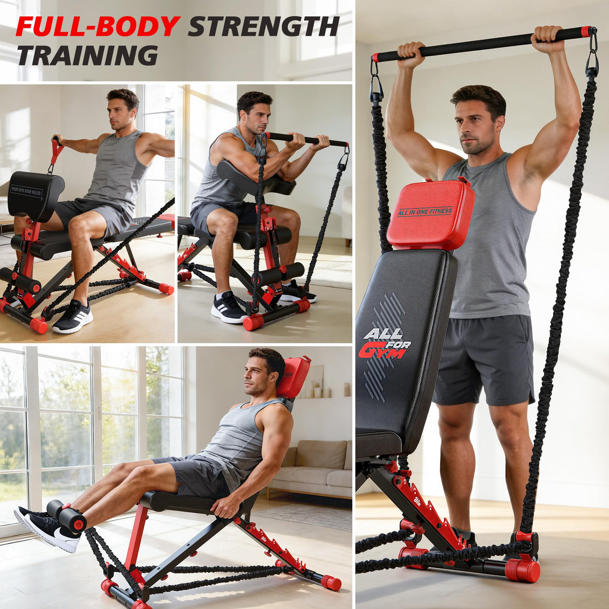 XDDIAS Workout Bench, Foldable Weight Bench with Variable Resistance Training Set, 880LBS Adjustable Bench with Leg Extension, Preacher Curl, Extended Headrest, Incline Decline Flat Bench for Strength Training