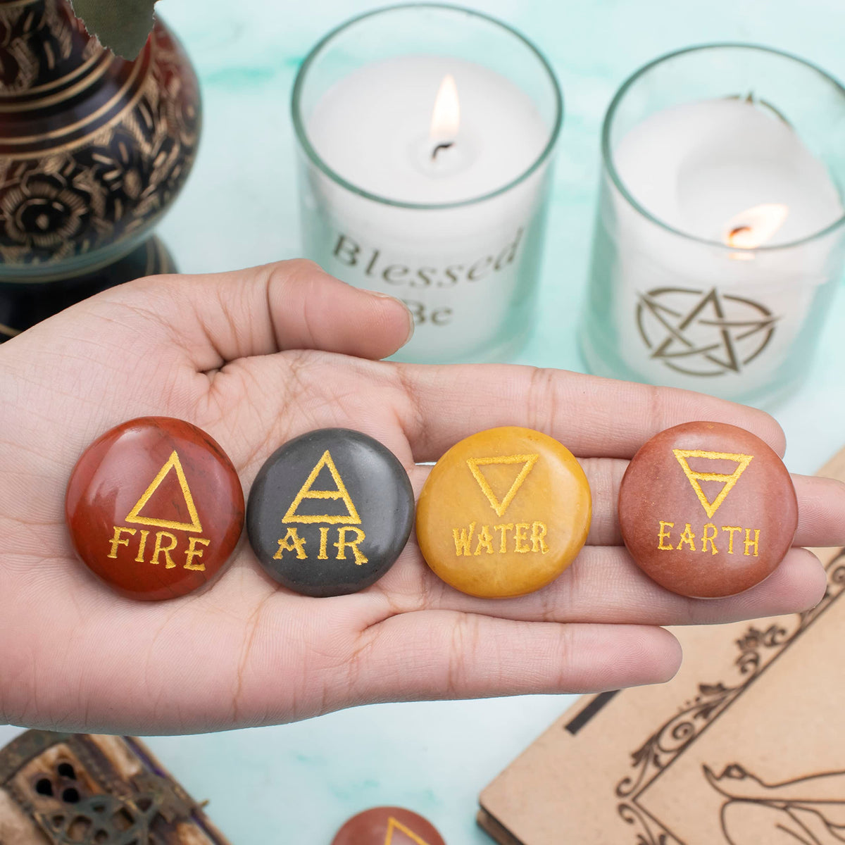 Crocon 4 Elements Assorted Stones Round Shape Engraved Triangle Symbols (Earth Air Fire Water) Polished Palm Stones for Gemstone Reiki Crystals and Healing Stones Meditation Divination Tools Gifts