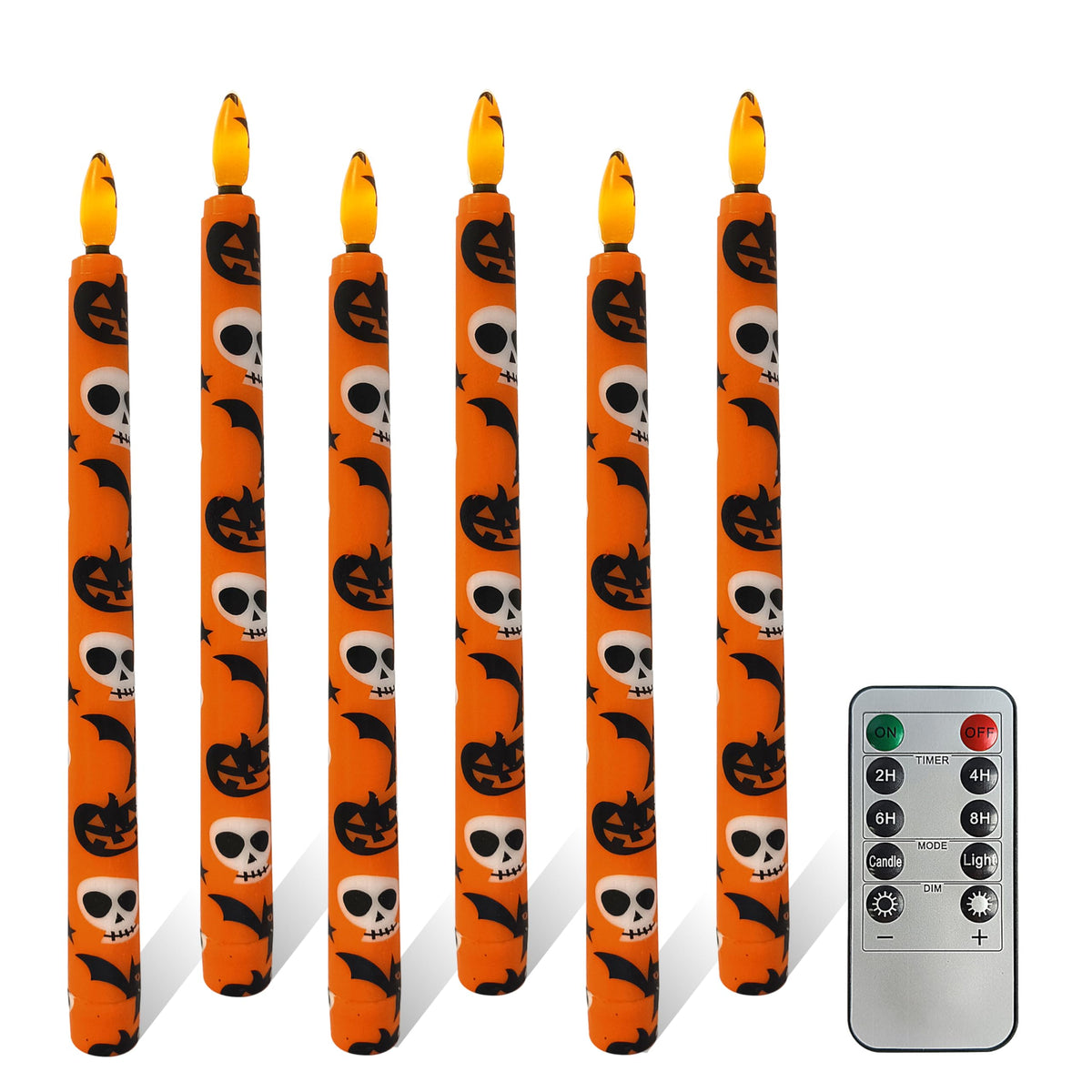 FCMSHAMD 6PCS Halloween Orange Flameless Taper Candles, 11 Inch LED Candlesticks Battery Operated with 11-Key Remote and Timer, 3D Flickering Flame Lights for Wedding Party Home Decor Gifts