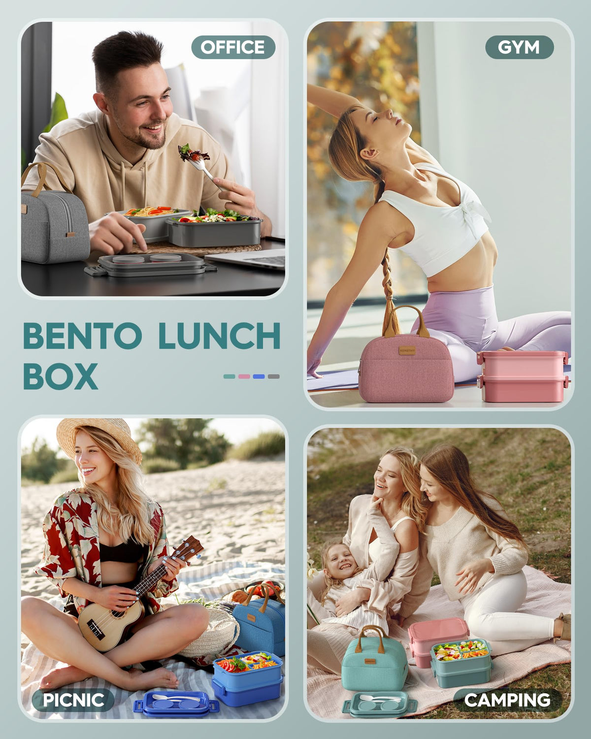 KEMETHY Adults Bento Lunch Box Set with Thermo Bag, 74oz Stackable Leak-proof 3-tiers Bento Box, Built-in Utensil and Sauce Container for Work, School, Dining Out (Green)