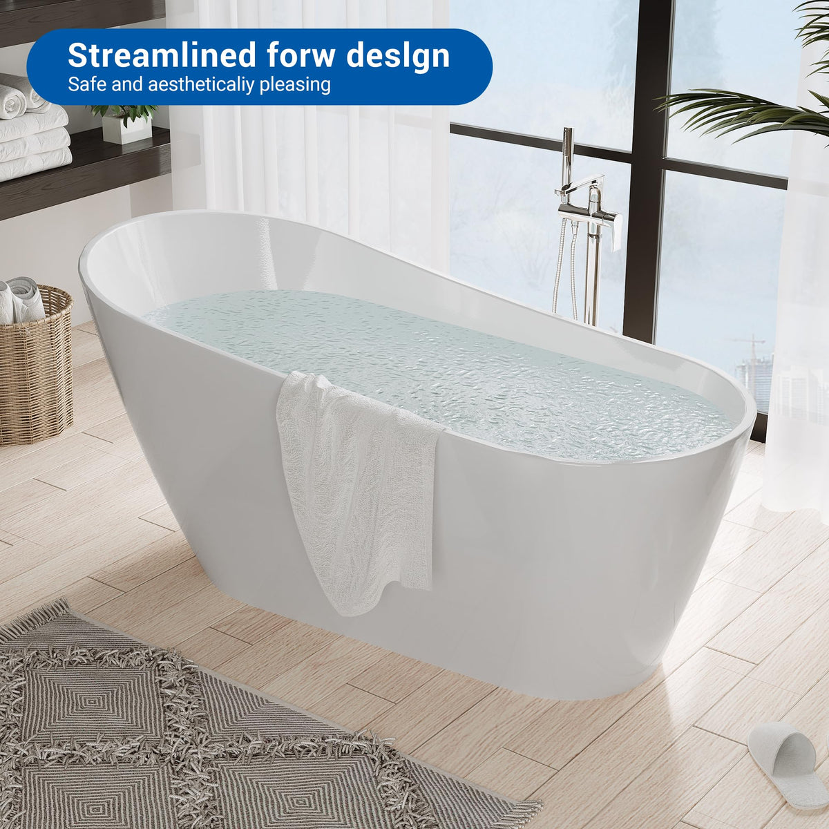 67" Acrylic Freestanding Bathtub, Modern Freestanding Tub with Chrome Drain & Overflow, Glossy White, Home Spa