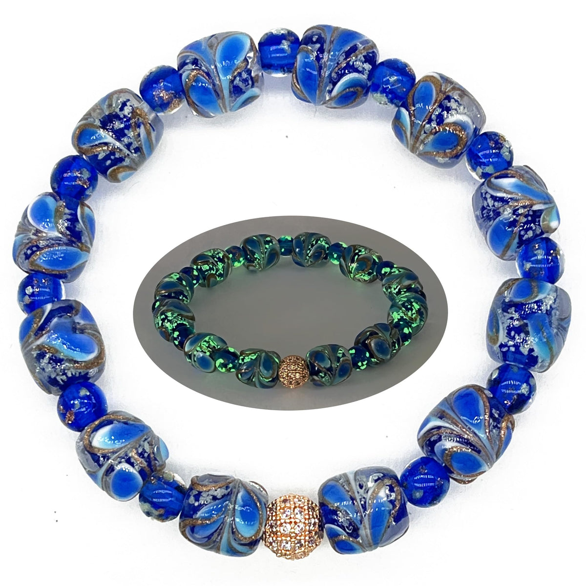 ARTSY CRAFTS INC Peacock Feather Glow in the Dark Firefly Bead Bracelet, Luminous Murano Jewelry Glowing Beaded Bracelet, Stretchy Wristband, Sapphire 6-7"
