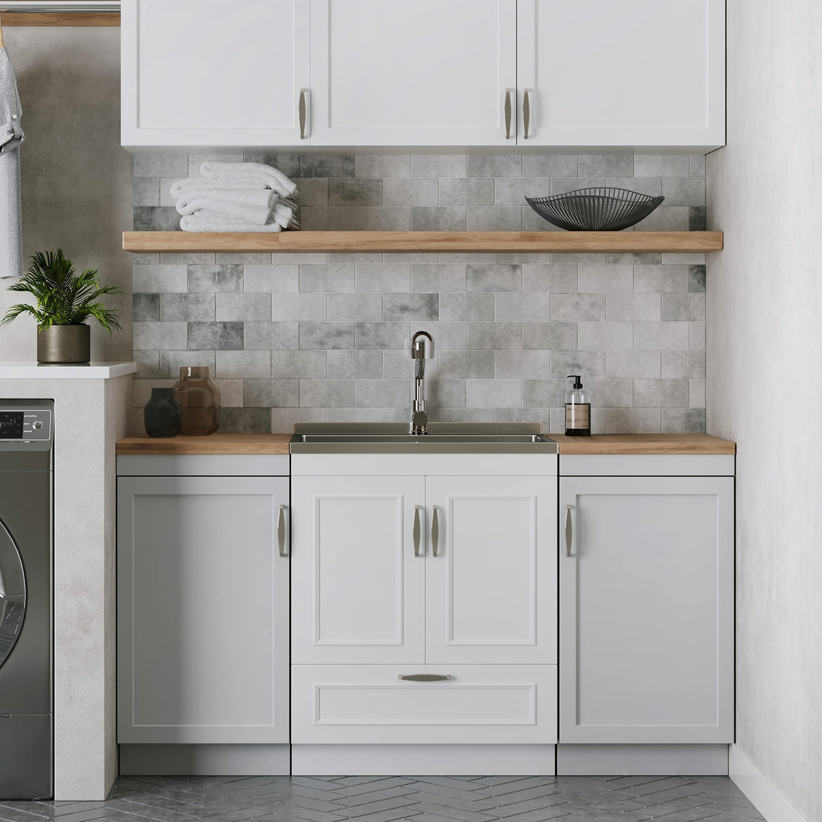 SIMPLIHOME Cardinal All-in-One 28 inch Wide Utility Sink and Laundry Cabinet in Pure White Finish, Transitional Stainless Steel Sink Cabinet for Laundry Rooms with Pull-Out Brushed Nickel Faucet
