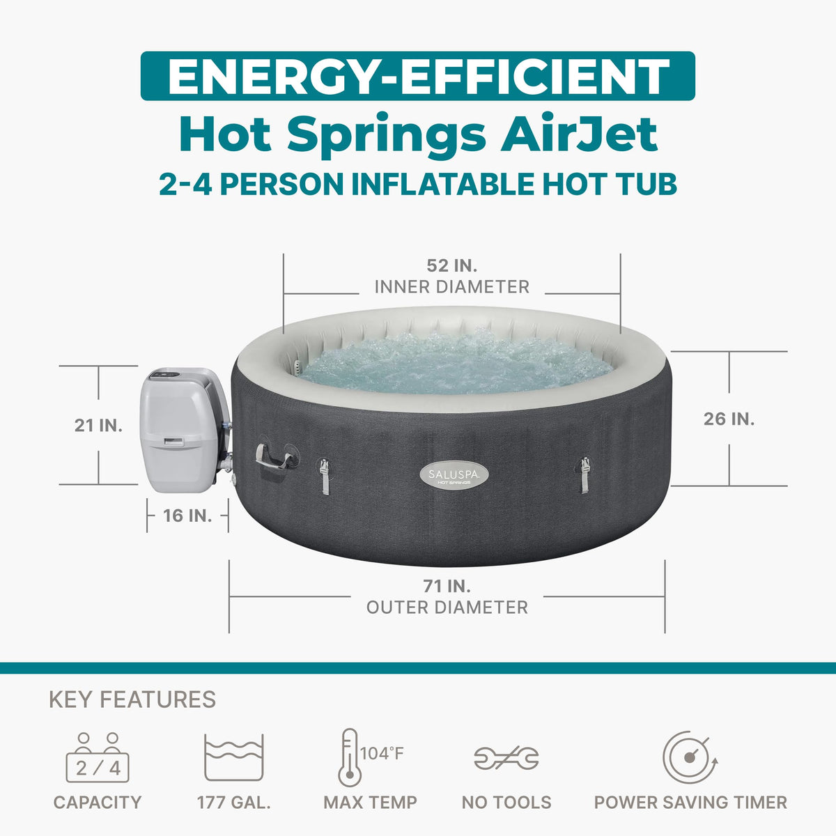 Bestway SaluSpa Hot Springs Inflatable Hot Tub, Fits Up to 2-4 Persons, Energy-Efficient Portable Spa, Outdoor Blow Up Hottub for Backyard, 120 AirJets, 71" x 26" Round