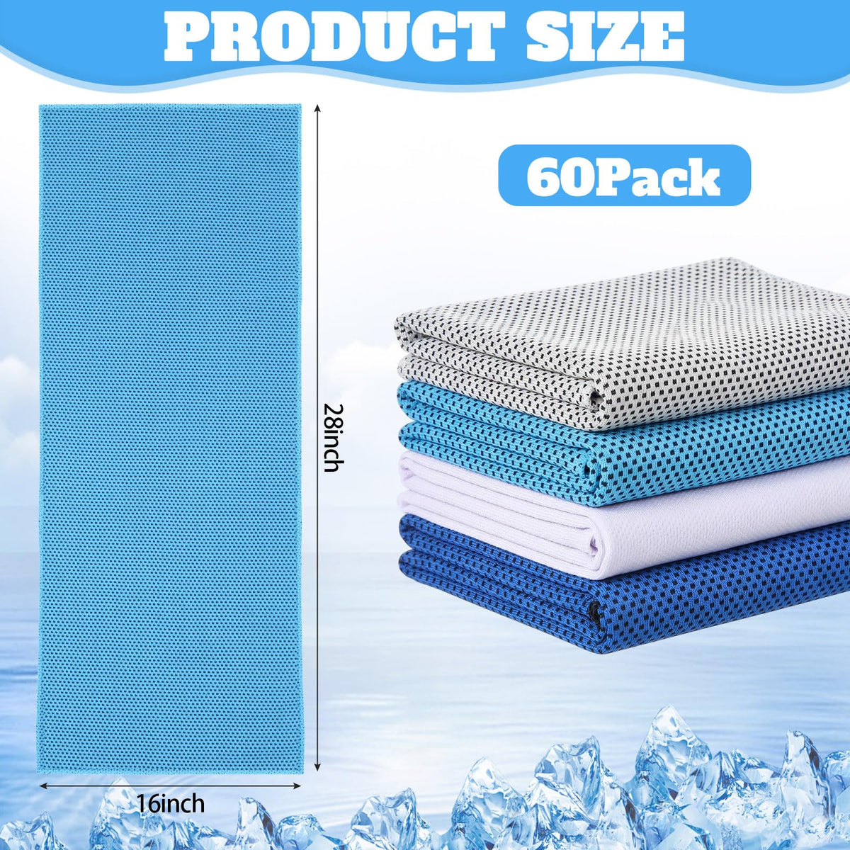 Honoson 60 Pcs Cooling Towel Bulk - 28" x 16" Neck & Face Cool Chilly Towels Microfiber Breathable Sport Sweat Rag for Gym, Yoga, Travel, Camping, Running, Outdoor(Gray Blue White)