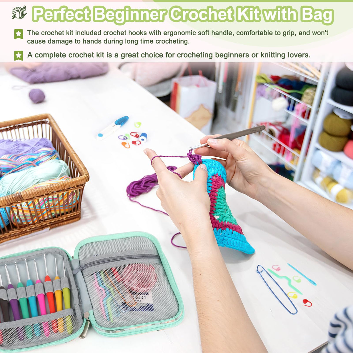 Katech Crochet Hooks Set with Crochet Case, 73 pcs Knitting Accessories Ergonomic Crochet Hook for Making Bag, Glovers, Sock, Colorful Soft Handle Knitting Needles Kits DIY Hand Tool