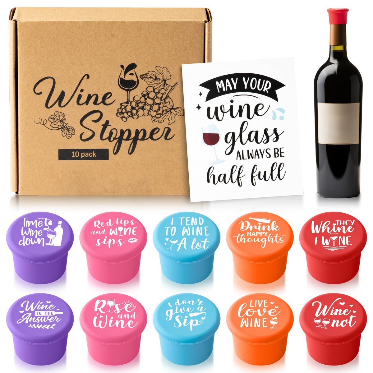 GROBRO7 10Pcs Wine Stoppers Set Funny Live Love Wine Pattern Silicone Bottle Covers Gift for Women, Reusable Beverage Corks Strong Sealing Liquor Accessories for Outdoor Picnic Barbecues Party Bars