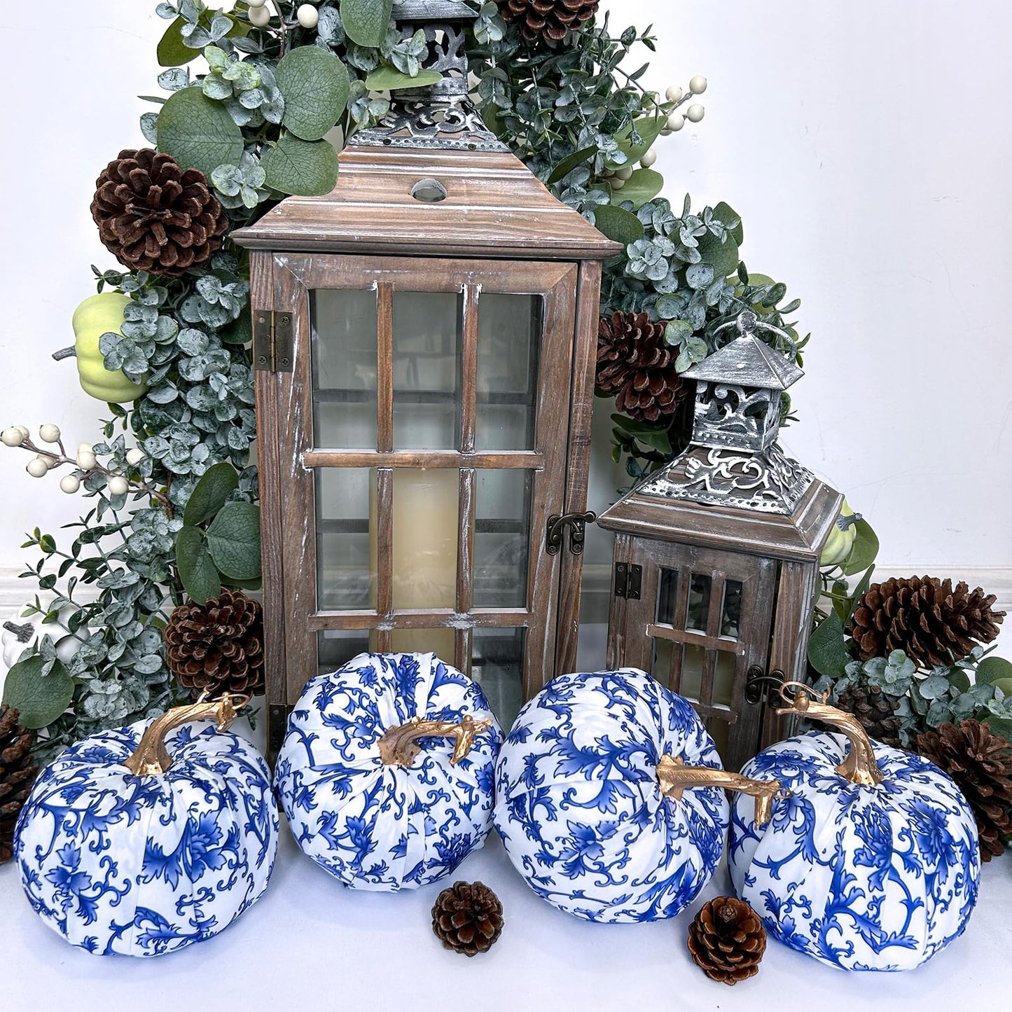 Winlyn 4 Pcs Faux Decorative Blue and White Fabric Pumpkins Chinoiserie Chic Pumpkins Foam Pumpkins for Gifts Farmhouse Thanksgiving Halloween Fall Wedding Table Centerpiece Mantel Bowl Decorations