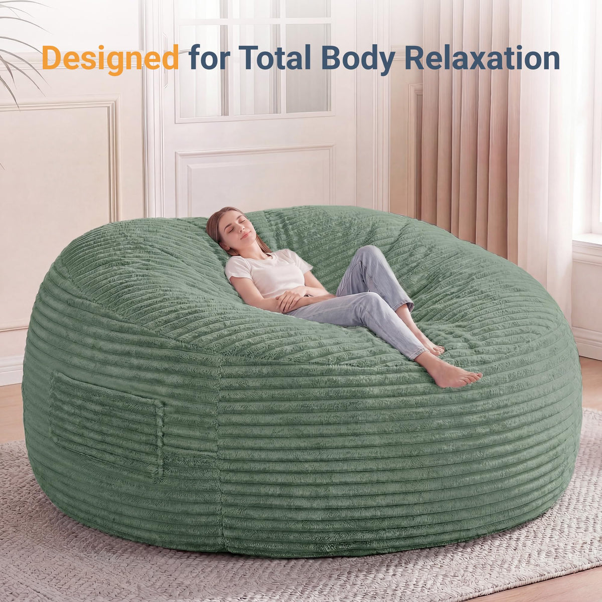 Claiks 8 Ft Giant Foam Bean Bag Chair, Oversized Couch with Removable Cover, Soft Plush Bean Bag Chairs for Adults and for Kids Teens Adults in Living Room, Green