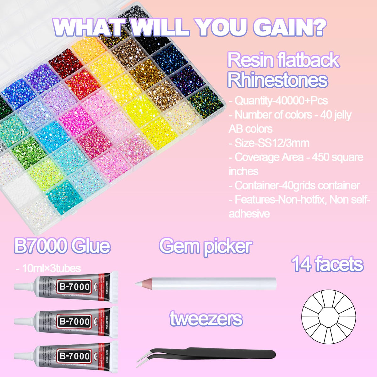 40000+Pcs Resin Jelly Rhinestones for Bedazzling Kit, 3mm Multicolor Flat Back Gems Bedazzler Kit with 3Pcs 10ml B7000 Jewelry Glue, Colorful Bulk Jewels for Diamond Nail Art