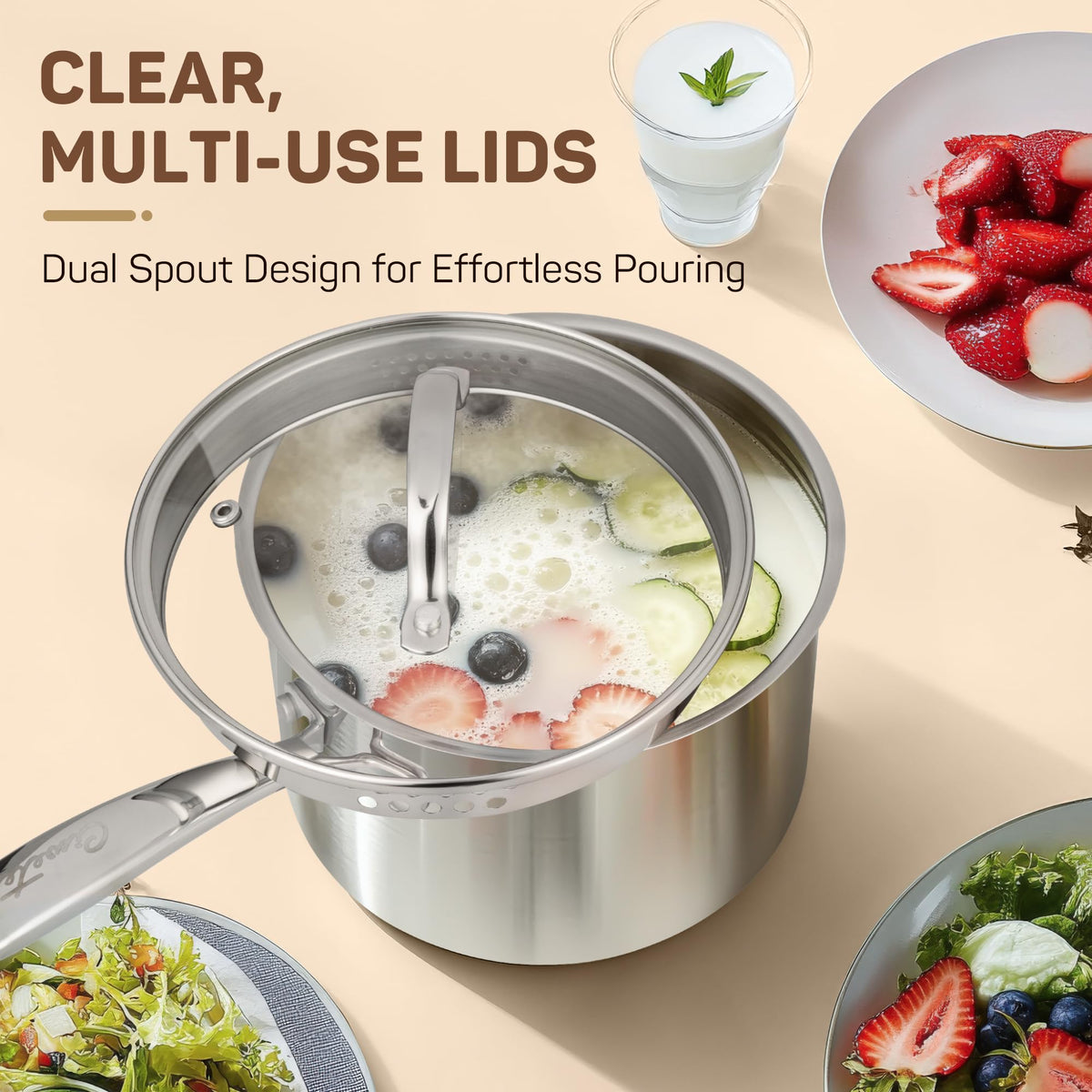 Ciwete 3 Qt Stainless Steel Saucepan with Glass Strainer Lid, 3 Quart Pot Stainless Steel Sauce Pan with Pour Spout, Mirror Polishing, Compatible with All Cooktops Dishwasher Safe Oven Safe