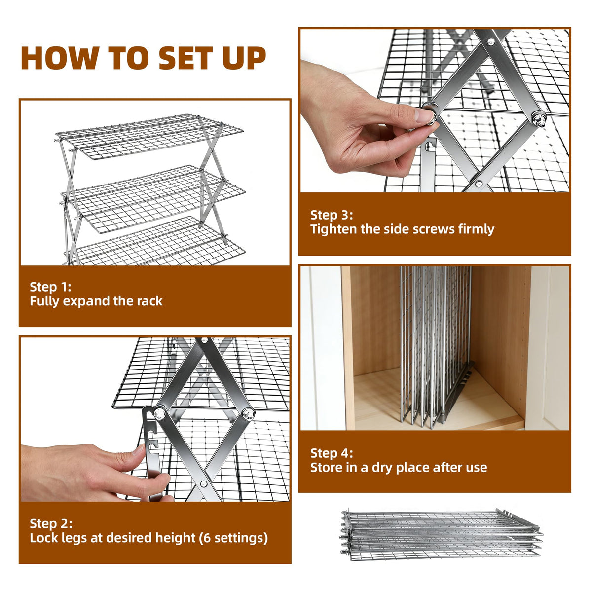 3 Tier Collapsible Cooling Rack with Adjustable 6 Setting Design stackable wire rack for baking sheet for Cookies Baking Gifts for Women (Silver, 3-Tier)