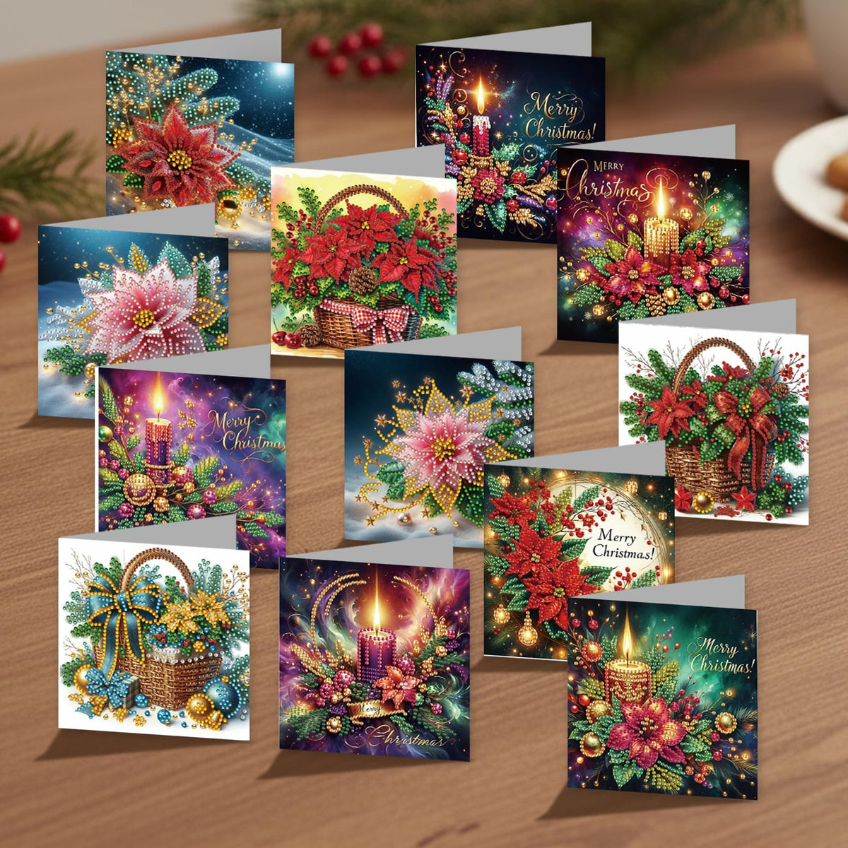 C'eitura 12 Pack Poinsettia Diamond Art Greeting Cards with Envelopes - 5D DIY Diamond Painting Card Kit for Christmas, Birthday, Mother's Day - Handmade All Occasion Stationery Gifts for Adults Beginner