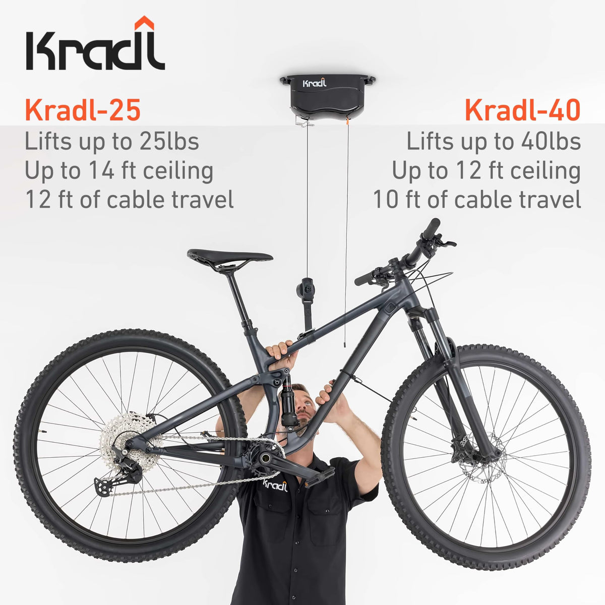 Kradl 2-Pack (40 Pound / 40 Pound). Ceiling Mount Bike Lift and Rack. Bicycle Storage Hoist Without Electricity, Clumsy Ropes or Pulleys.