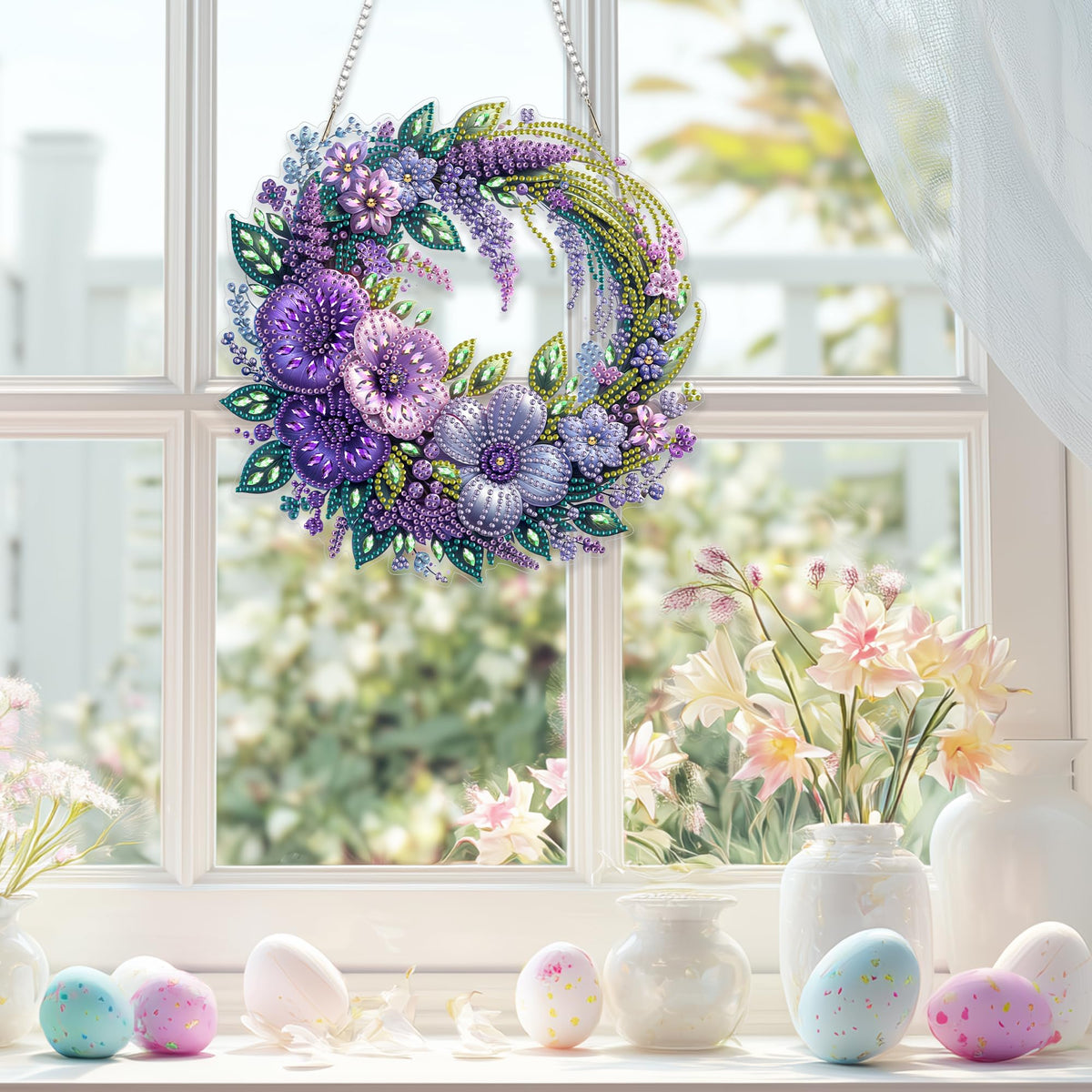 Eiflow Spring Diamond Art Hanging Kit for Adults, DIY Diamonds Painting Door Hanging Board Kit, Special Crystal Diamond Art Painting Pendant Ornament (Flower Wreath)